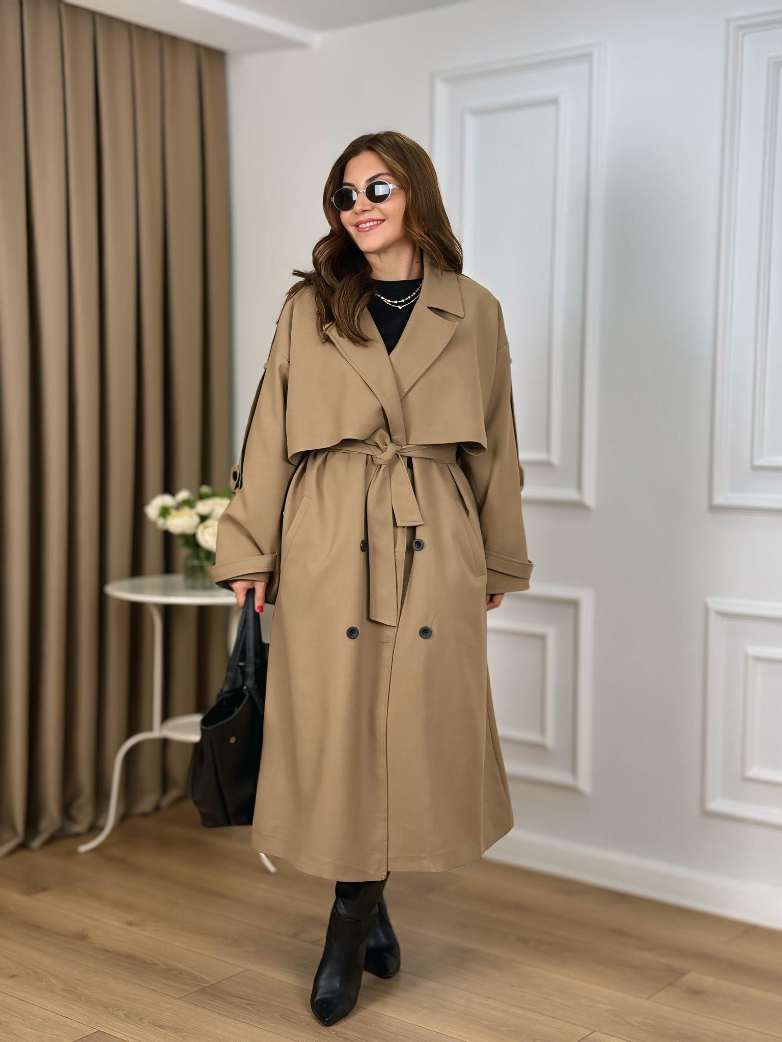 Camel Kuşaklı Astarlı Lüks Kalite Poliviskon Trenchcoat 9476