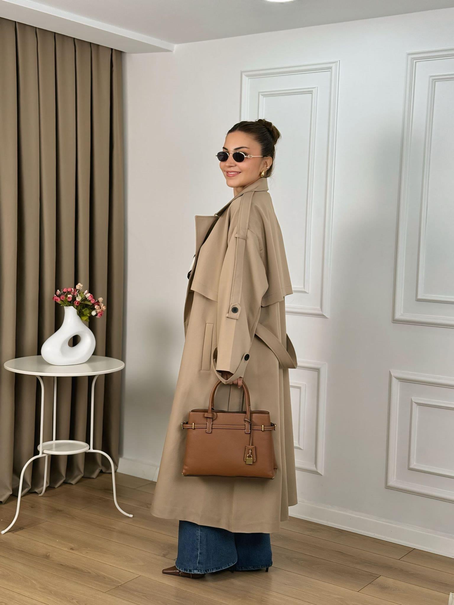 Camel Kuşaklı Astarlı Lüks Kalite Poliviskon Trenchcoat 9477
