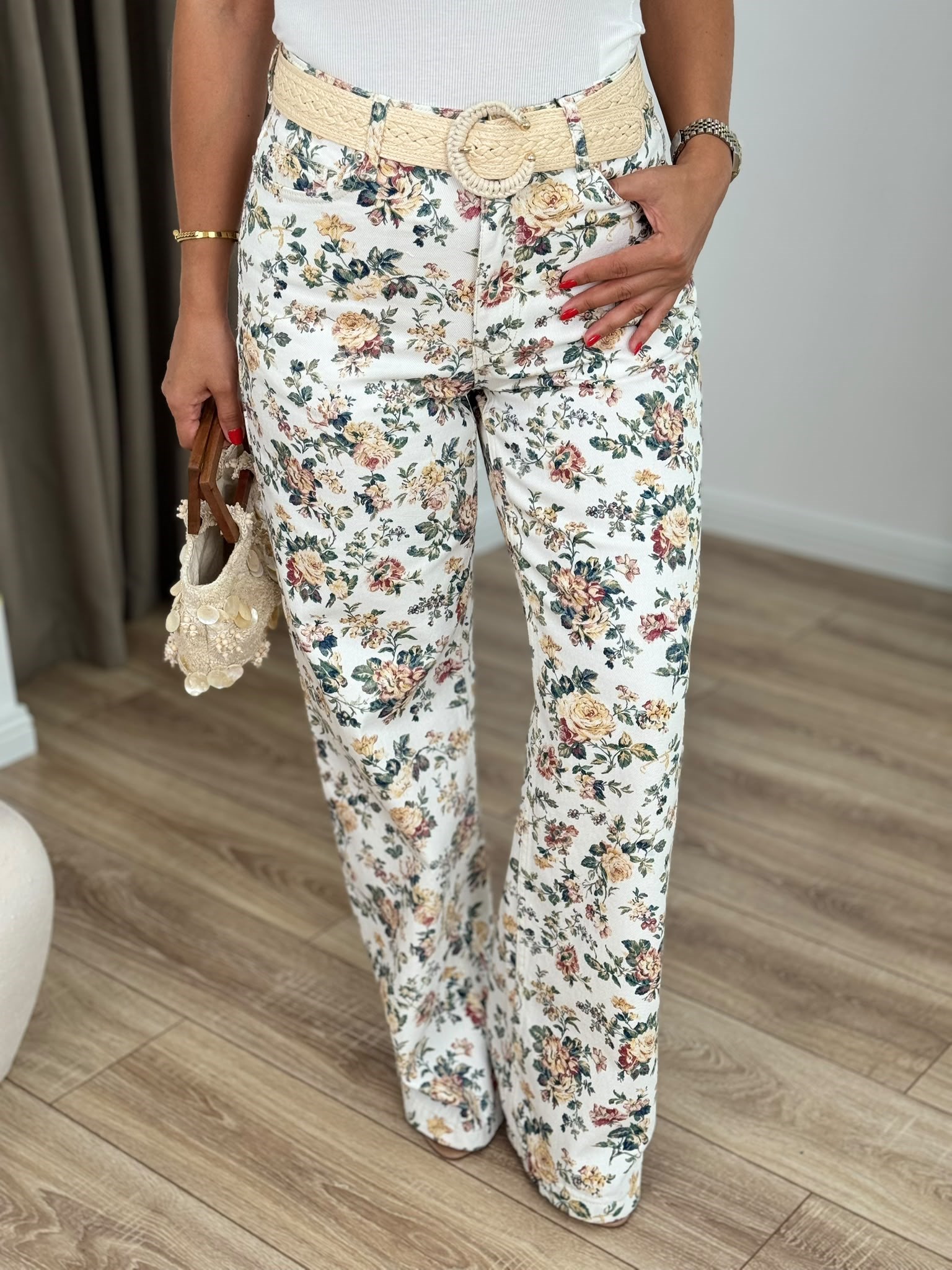 Ekru Floral Desenli % 100 Pamuklu Keten Yüksek Bel Likrasız Jean Pantolon 718