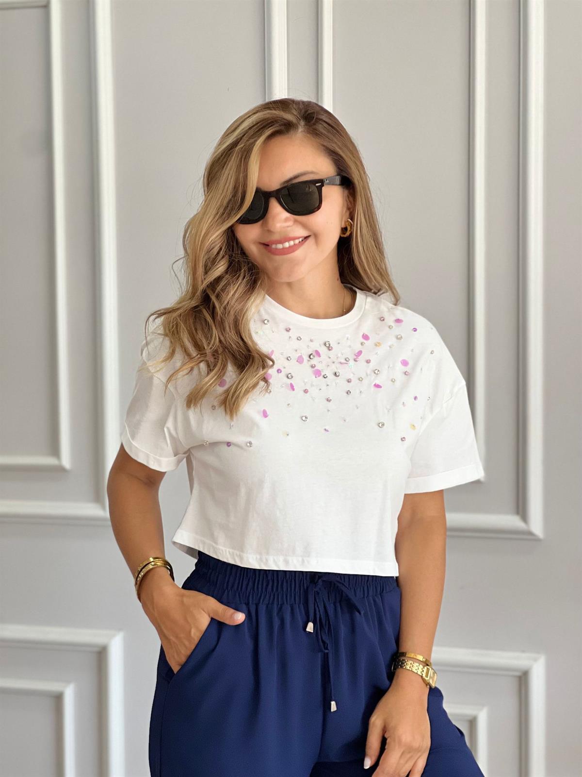 Ekru Pembe Taş İşlemeli Crop Tshirt 0103