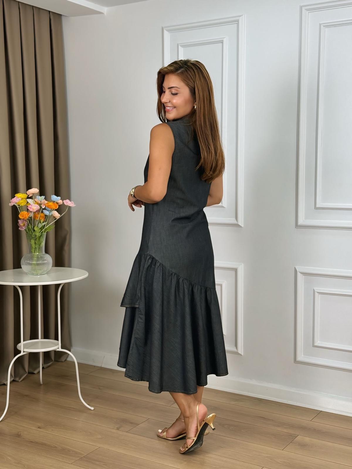 Füme Gömlek Yaka Sıfır Kol Düğmeli Volanlı Tensel Kumaş Denim Elbise 0054