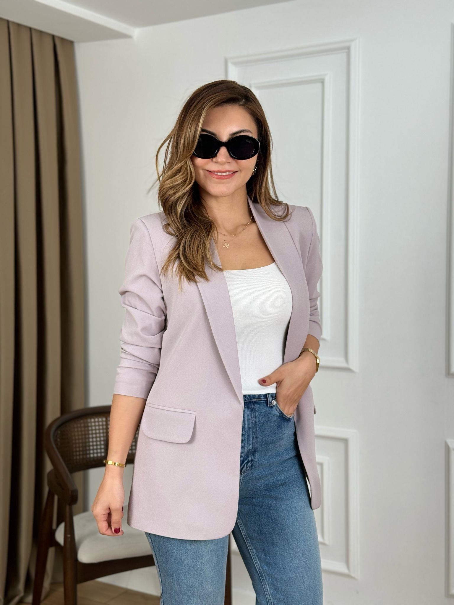 Gri Düğmesiz Astarlı Kolu Büzgülü Blazer Ceket 3101