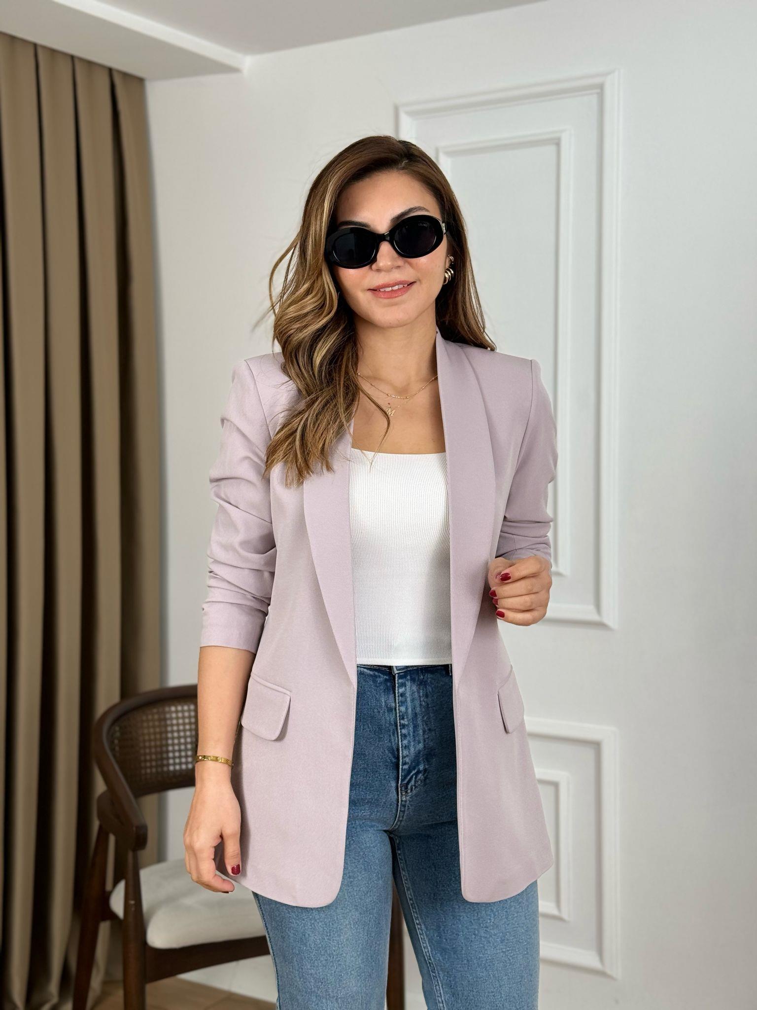 Gri Düğmesiz Astarlı Kolu Büzgülü Blazer Ceket 3101