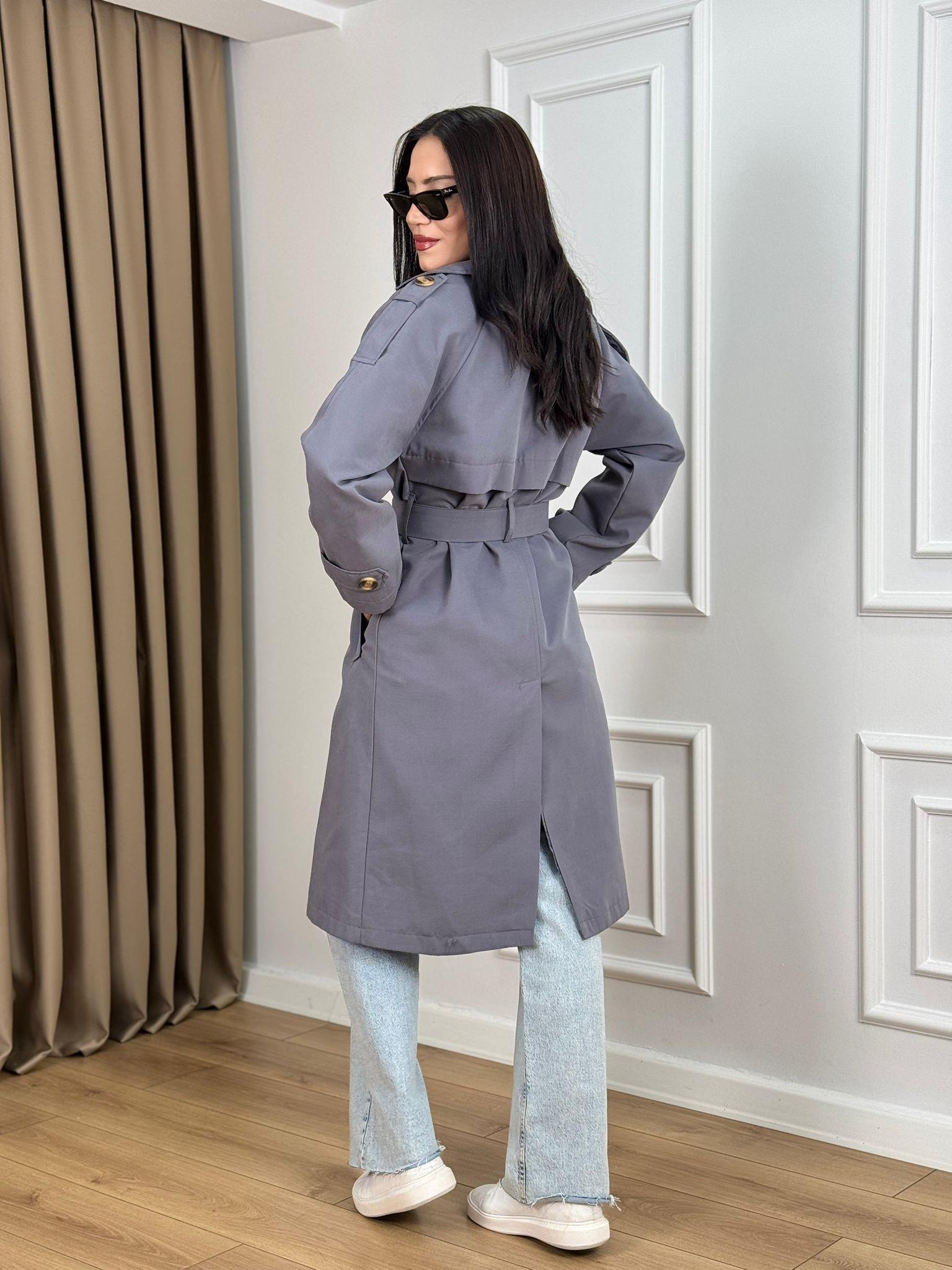 Gri Kuşaklı Astarlı Lüks Kalite Trenchcoat 95135