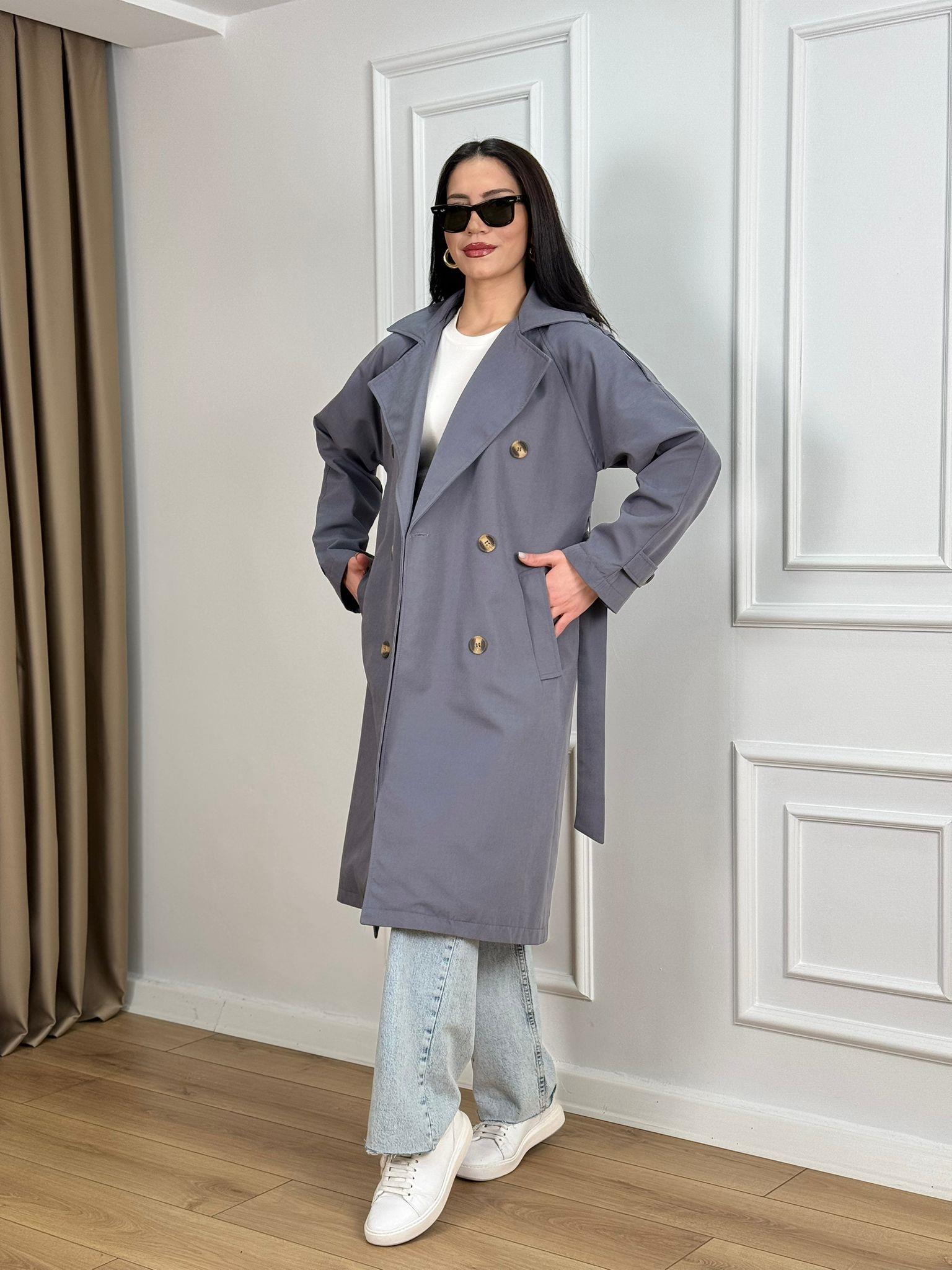 Gri Kuşaklı Astarlı Lüks Kalite Trenchcoat 95135