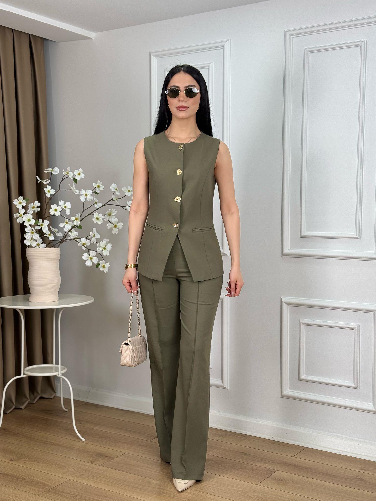 Haki Karma Gold Düğmeli Yelek Pantolon Takım 9193