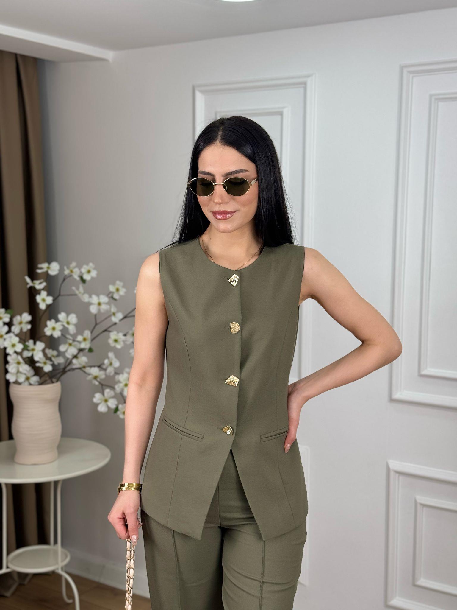 Haki Karma Gold Düğmeli Yelek Pantolon Takım 9193