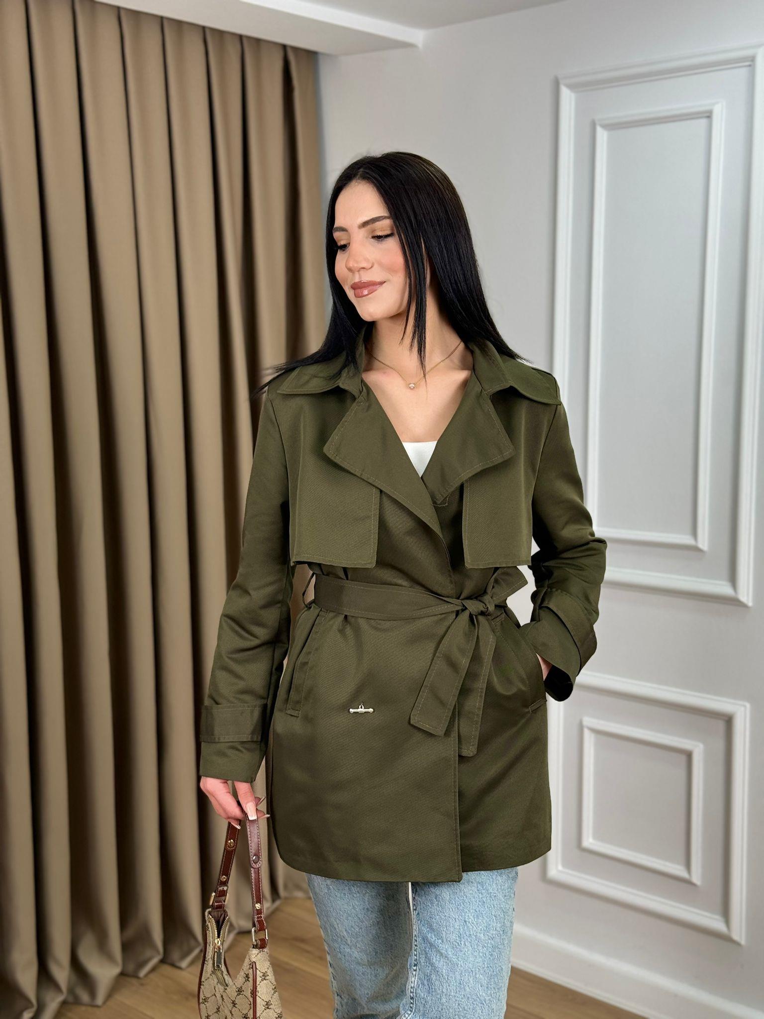 Haki Ön Aller Detaylı Astarlı Kuşaklı Ara Boy Trenchcoat 2423