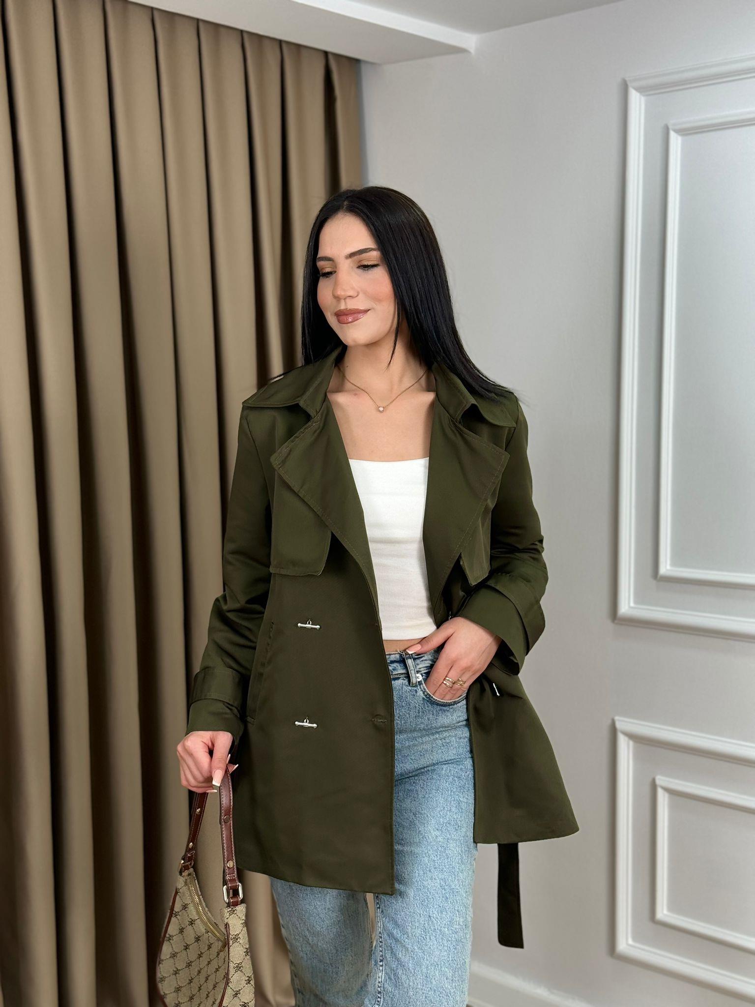 Haki Ön Aller Detaylı Astarlı Kuşaklı Ara Boy Trenchcoat 2423