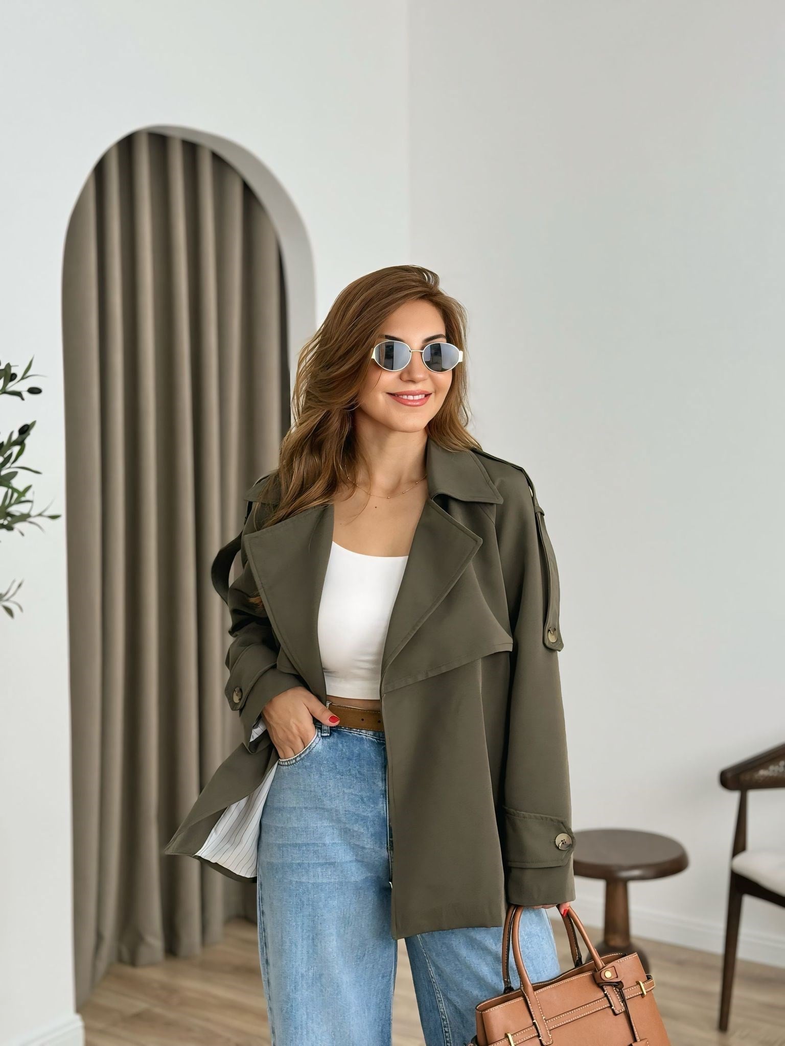 Haki Premium Kalite AstarlıTrenchcoat 6389