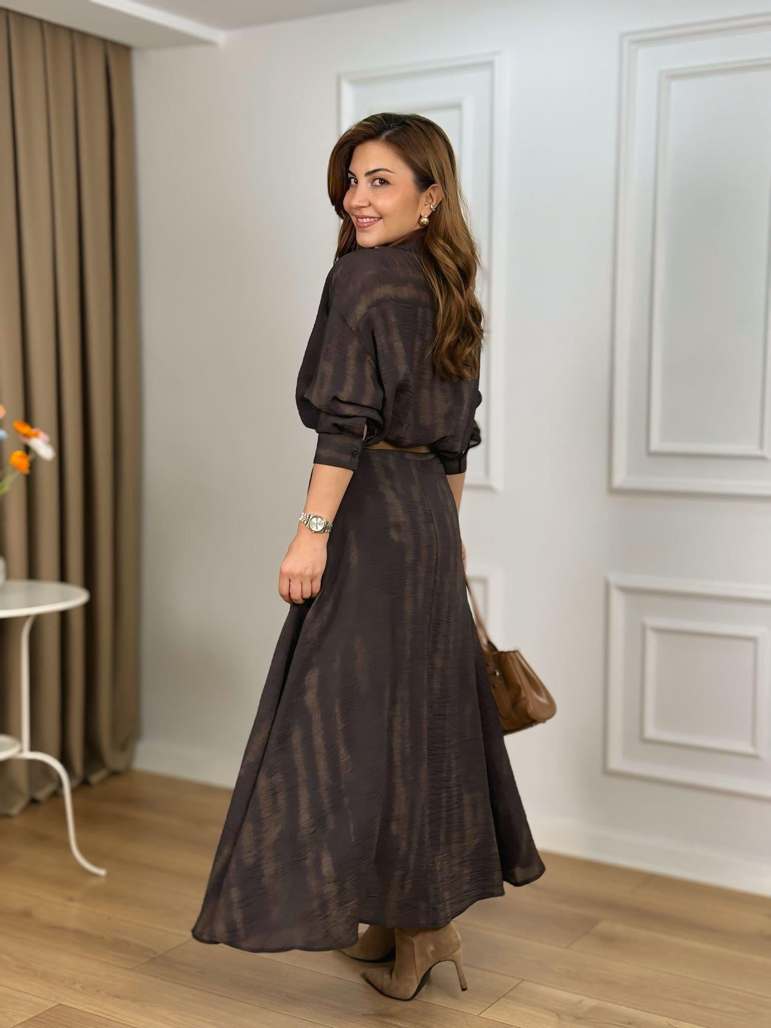 Kahve Batik Desenli Organik kumaş Astarlı Gömlek Etek Takım 5018