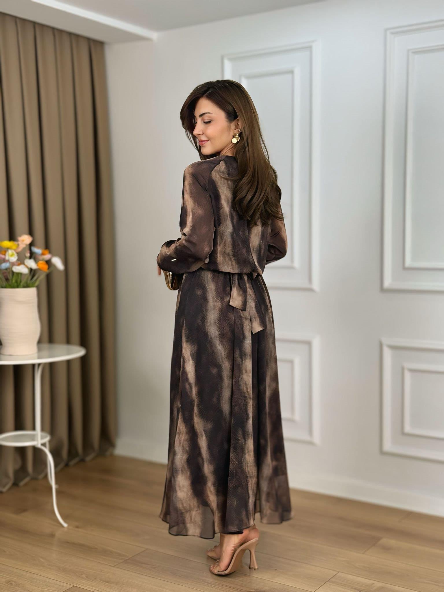 Kahve Bisiklet Yaka Batik Desenli Bağlama Detaylı Şifon Kumaş Astarlı Elbise 26205