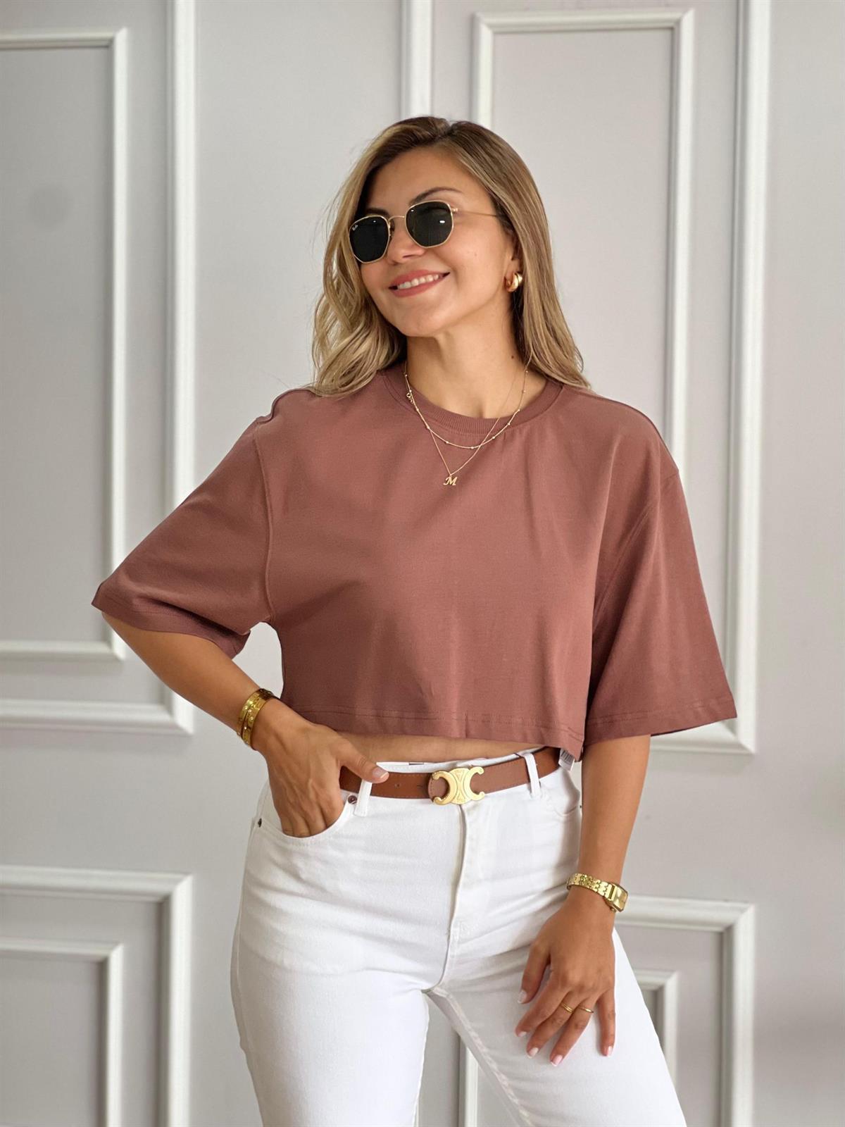 Kahve Bisiklet Yaka Düşük Kol Crop Tshirt 30148