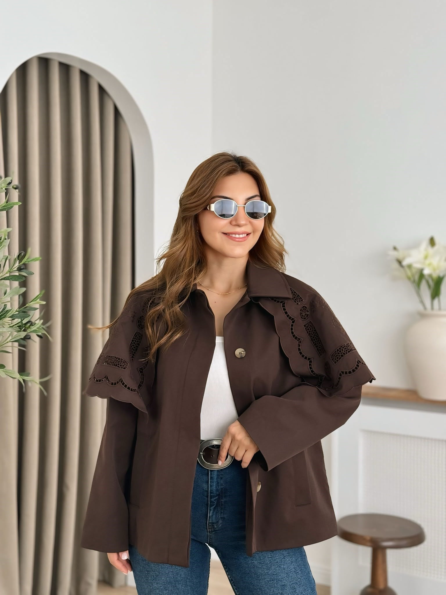 Kahve Düğmeli Astarlı Pelerinli Kap Trenchcoat 6381