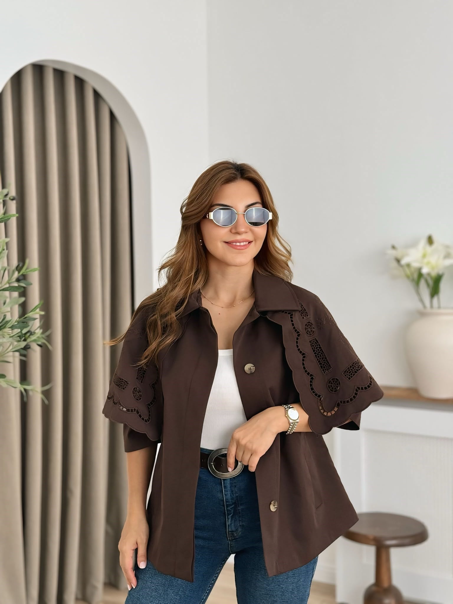 Kahve Düğmeli Astarlı Pelerinli Kap Trenchcoat 6381