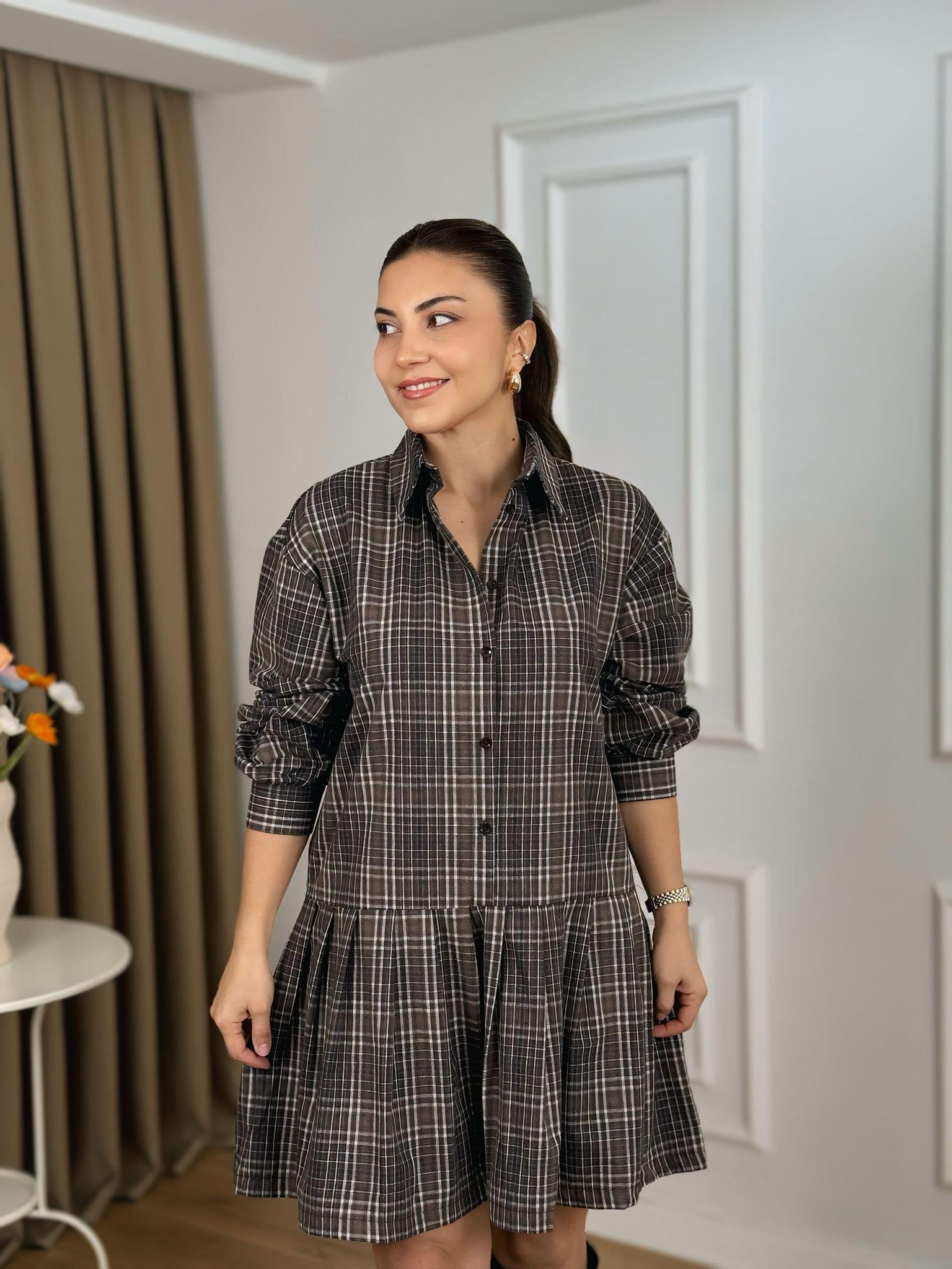 Kahve Ekoseli Trikolu Gömlek Elbise 35545