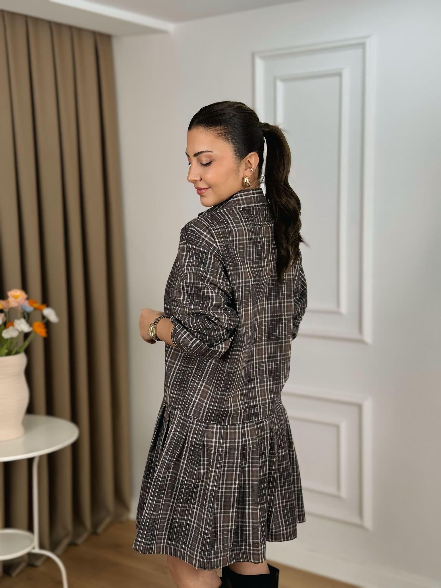 Kahve Ekoseli Trikolu Gömlek Elbise 35545