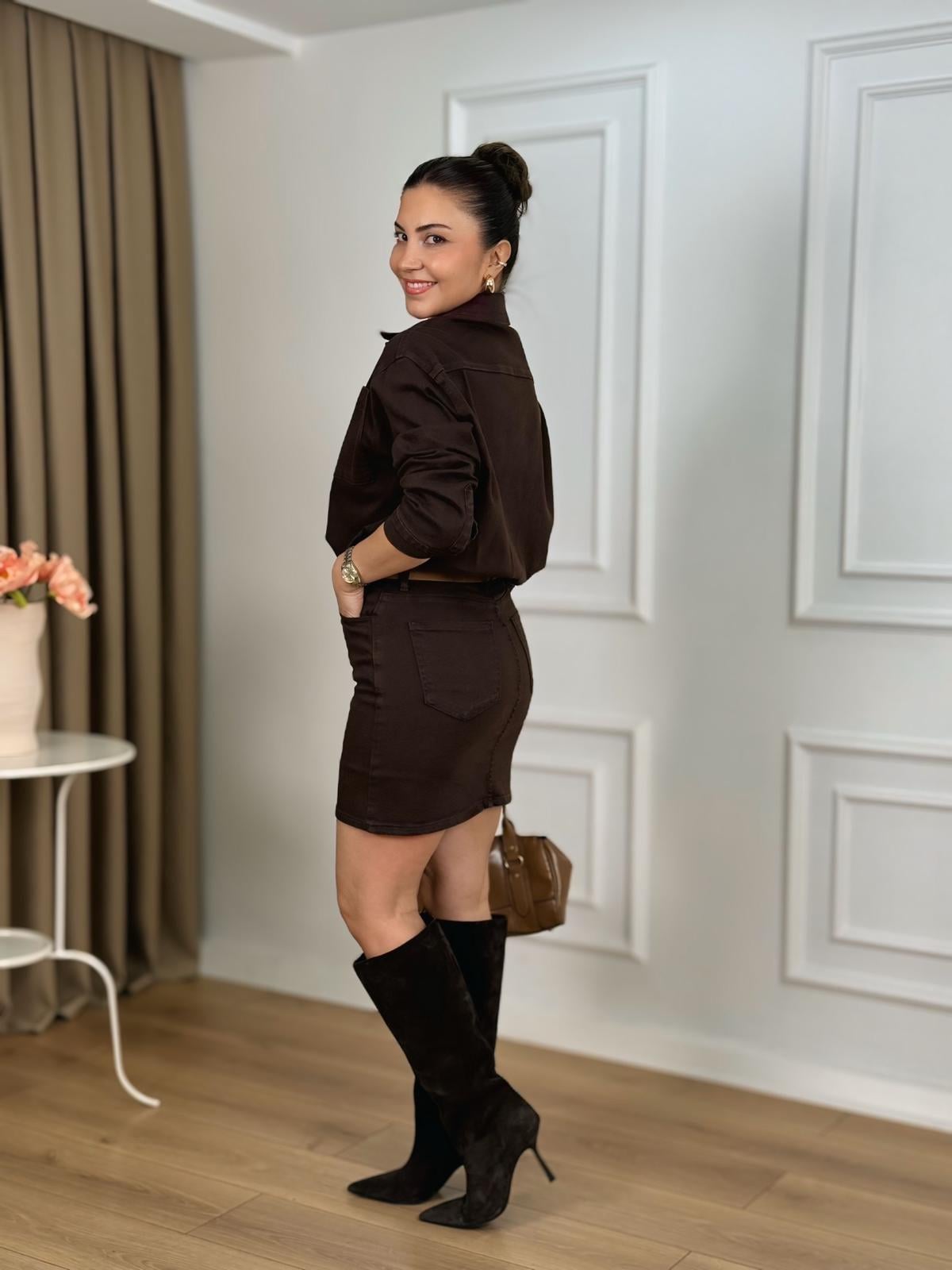 Kahve Gömlek Yaka Düğmeli Jean Elbise 3027
