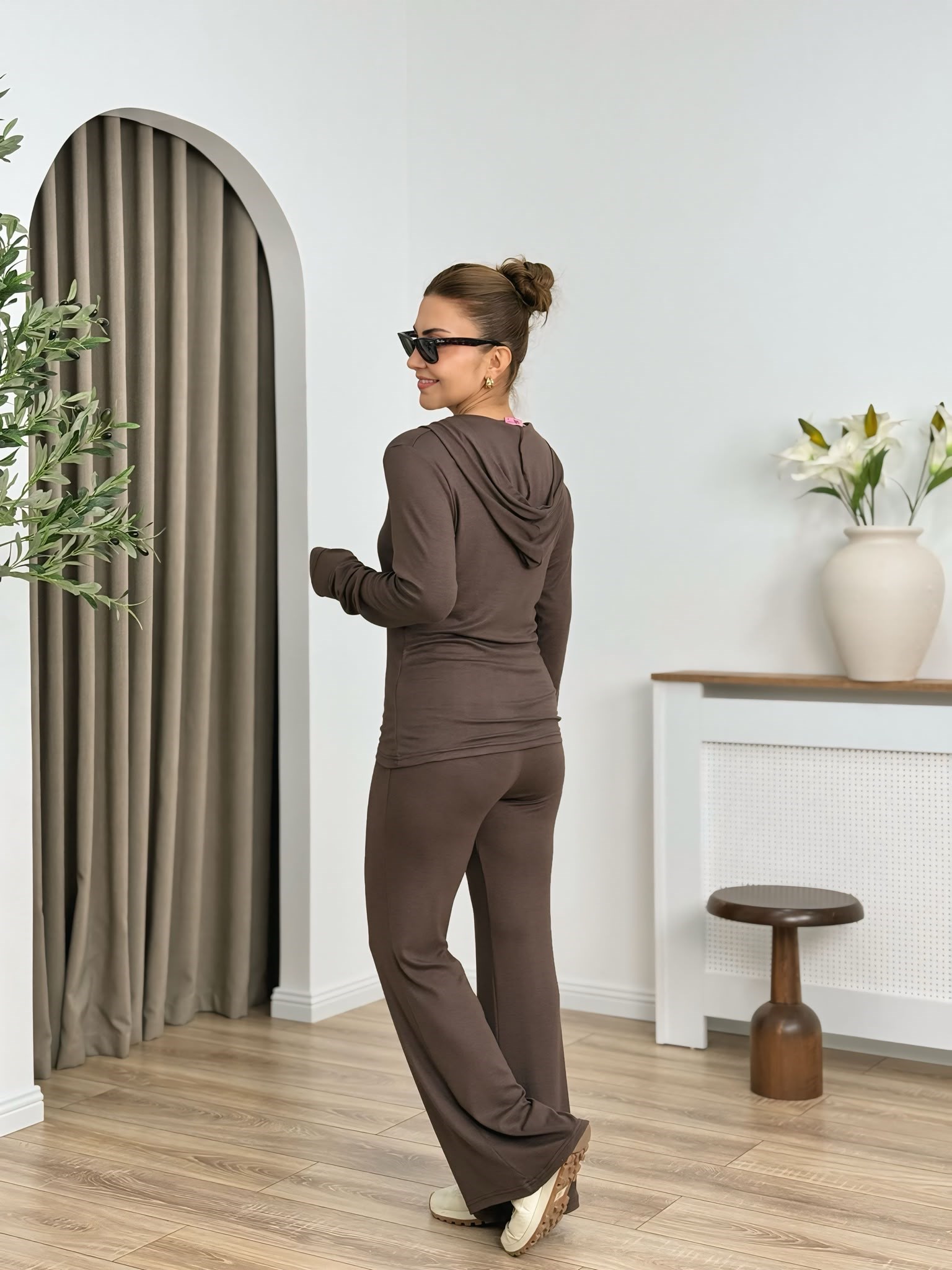 Kahve Kapüşonlu Esnek Modal Örme Kumaş 3 Lü Takım 7175