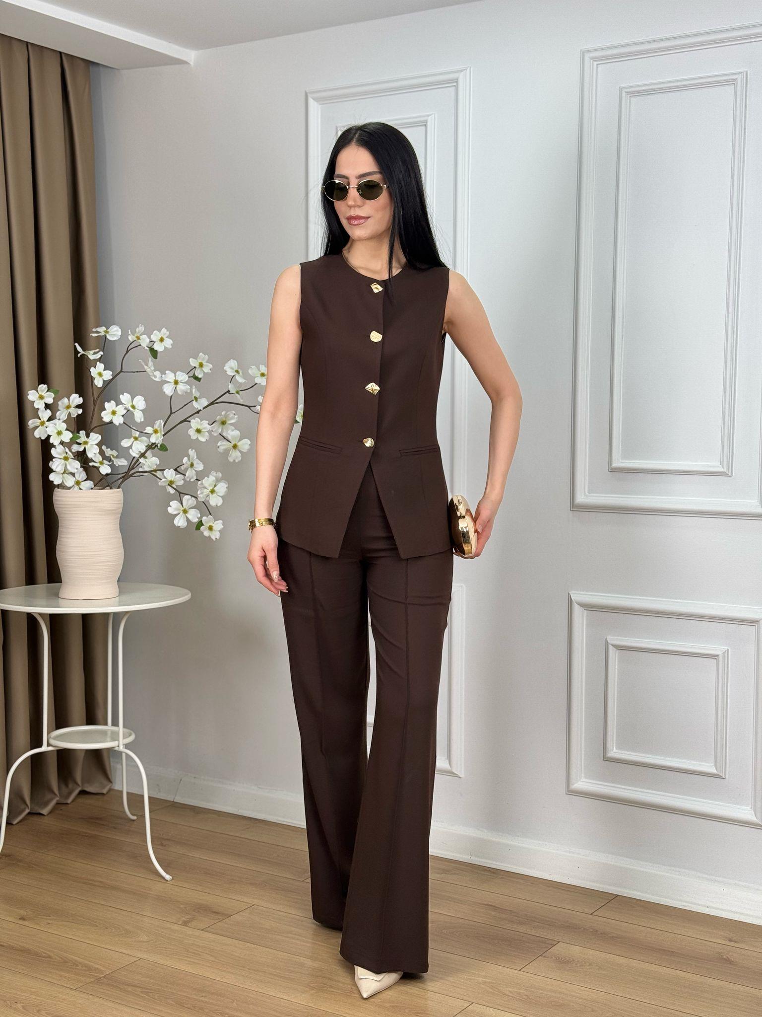 Kahve Karma Gold Düğmeli Yelek Pantolon Takım 9193
