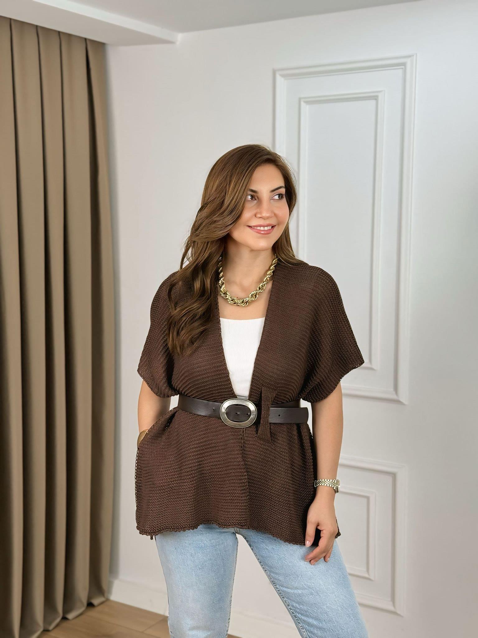 Kahve Örgülü Triko Panço 2388
