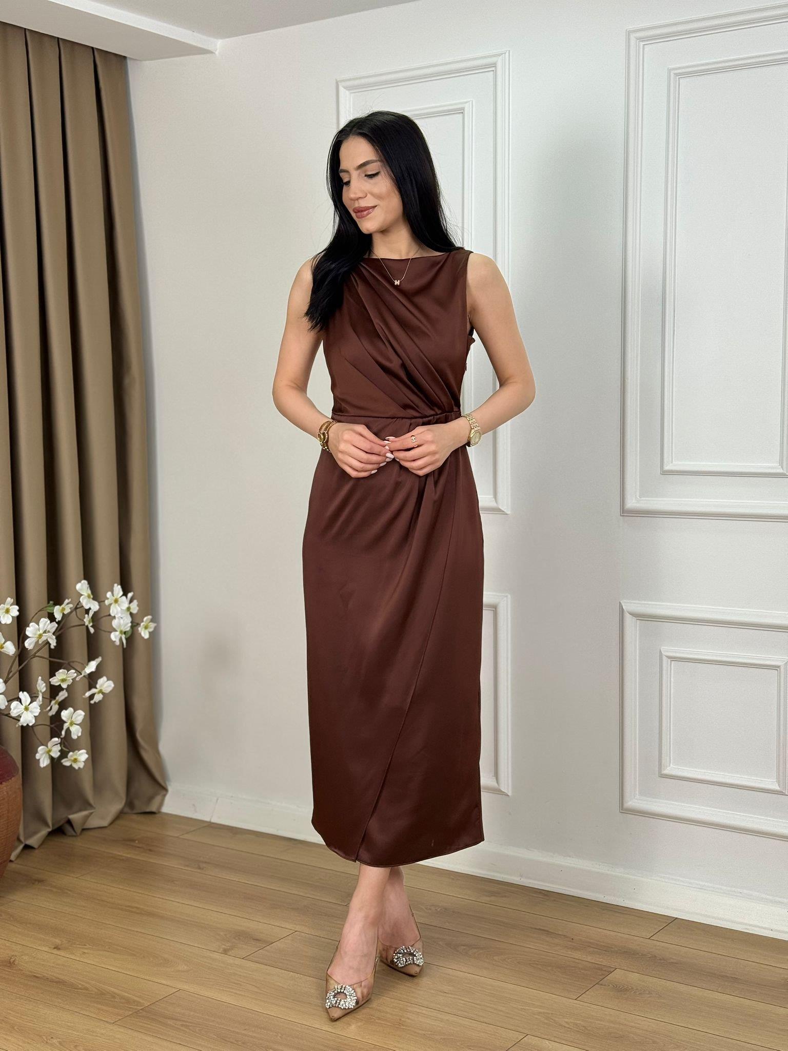 Kahve Sıfır Kol Yandan Fermuarlı  Saten Elbise 2522