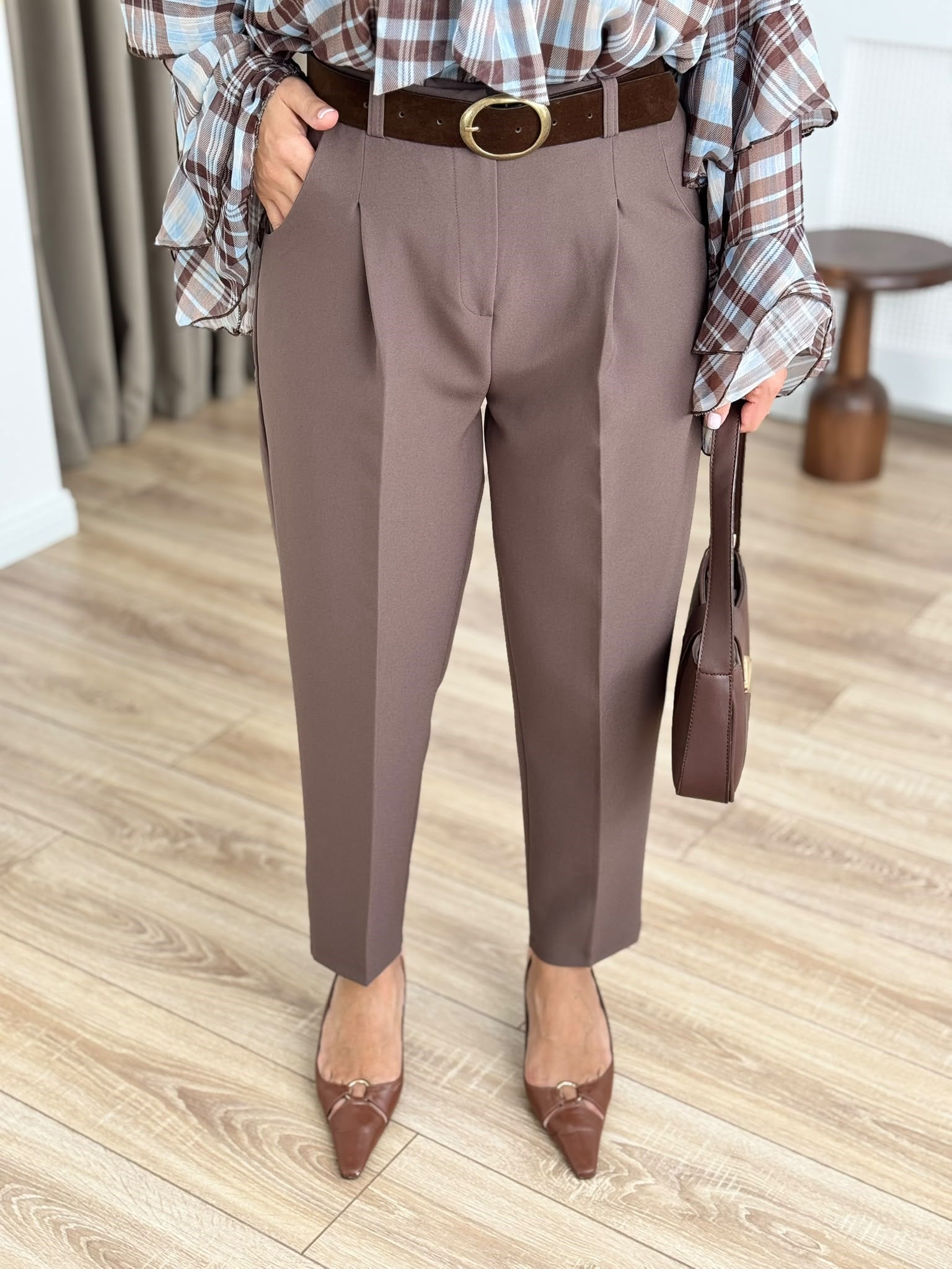 Kahve Yüksel Bel Kemerli Double Krep Kumaş Pantolon 51428