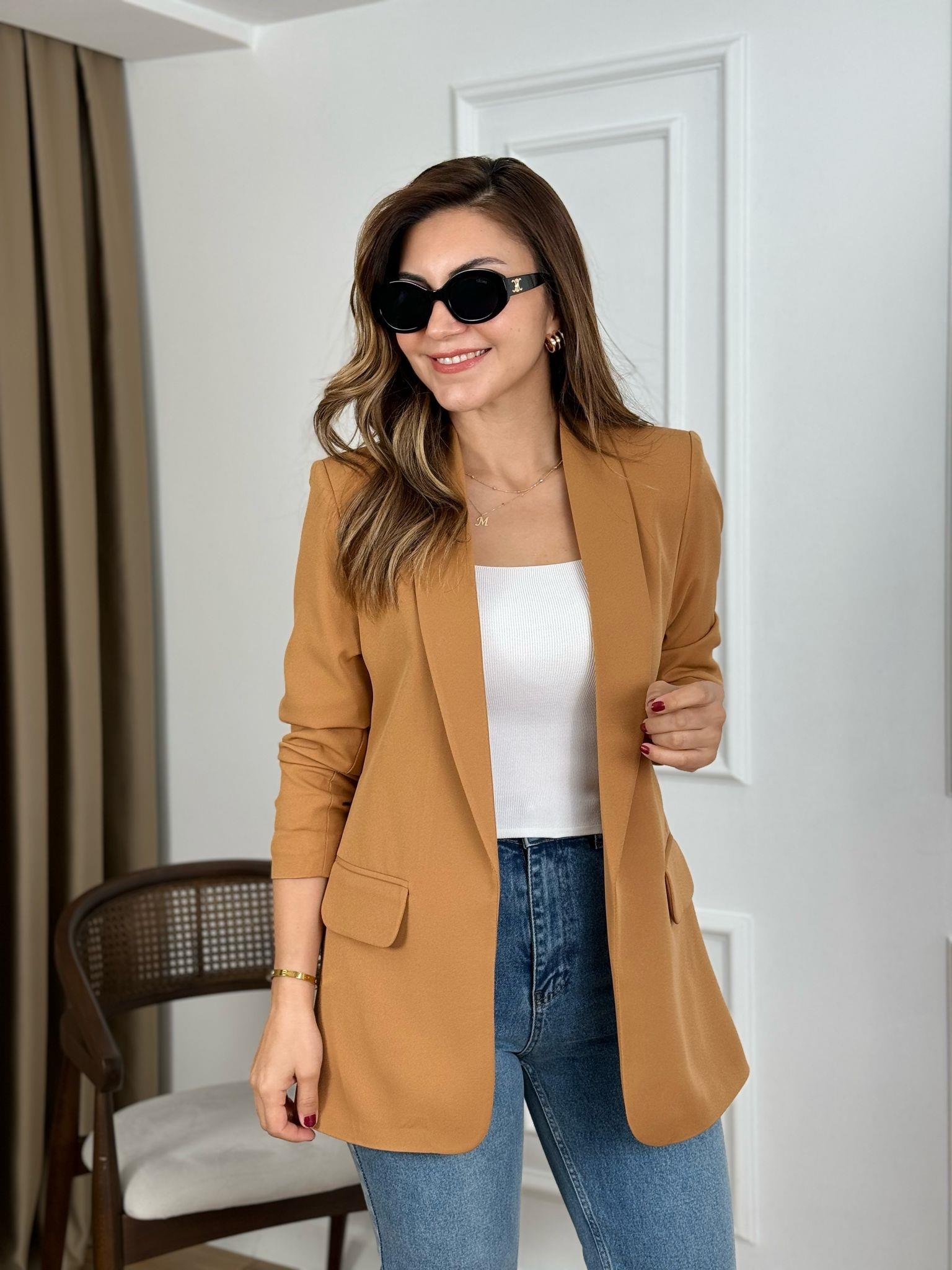 Karamel Düğmesiz Astarlı Kolu Büzgülü Blazer Ceket 3101