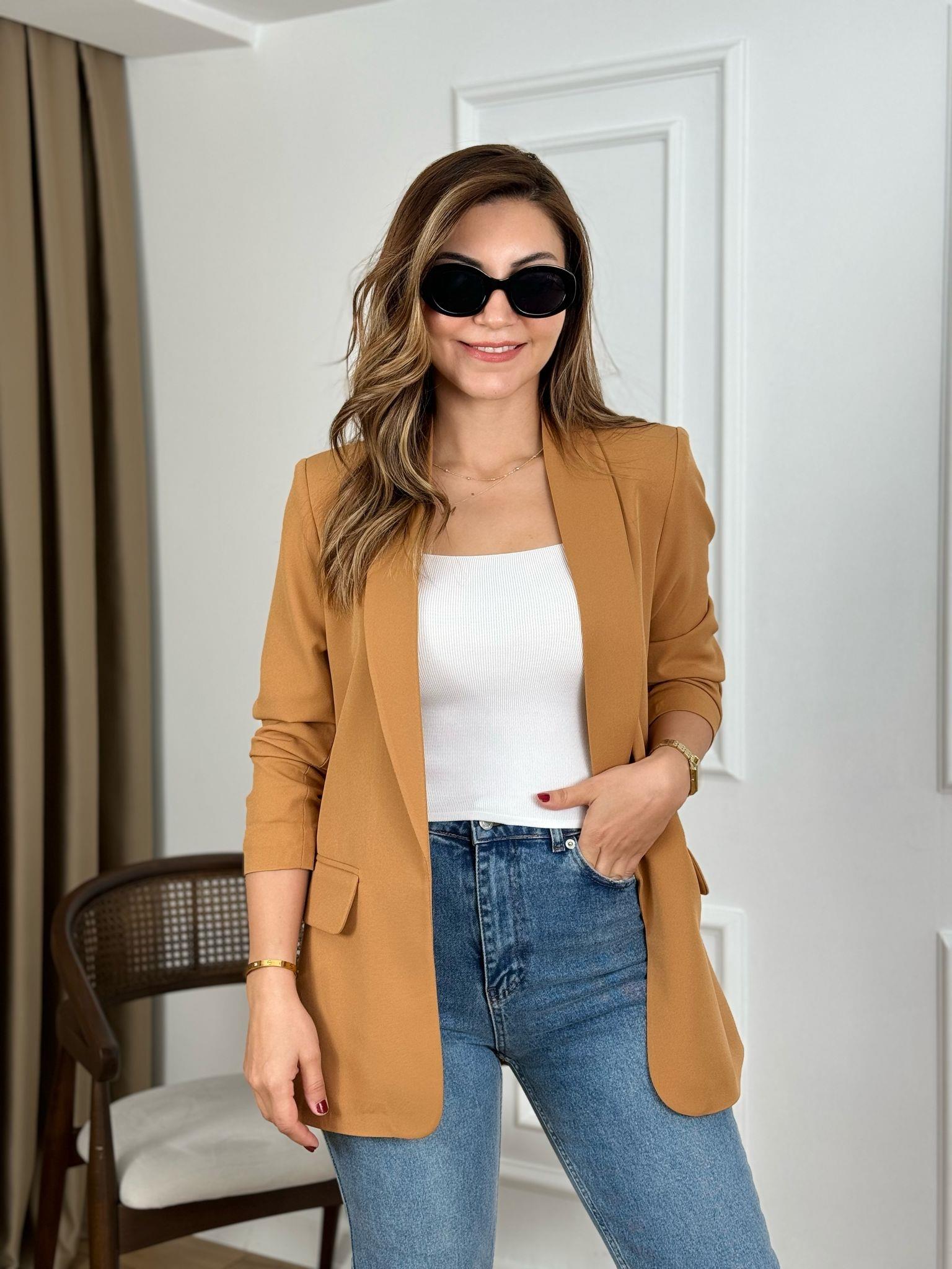 Karamel Düğmesiz Astarlı Kolu Büzgülü Blazer Ceket 3101