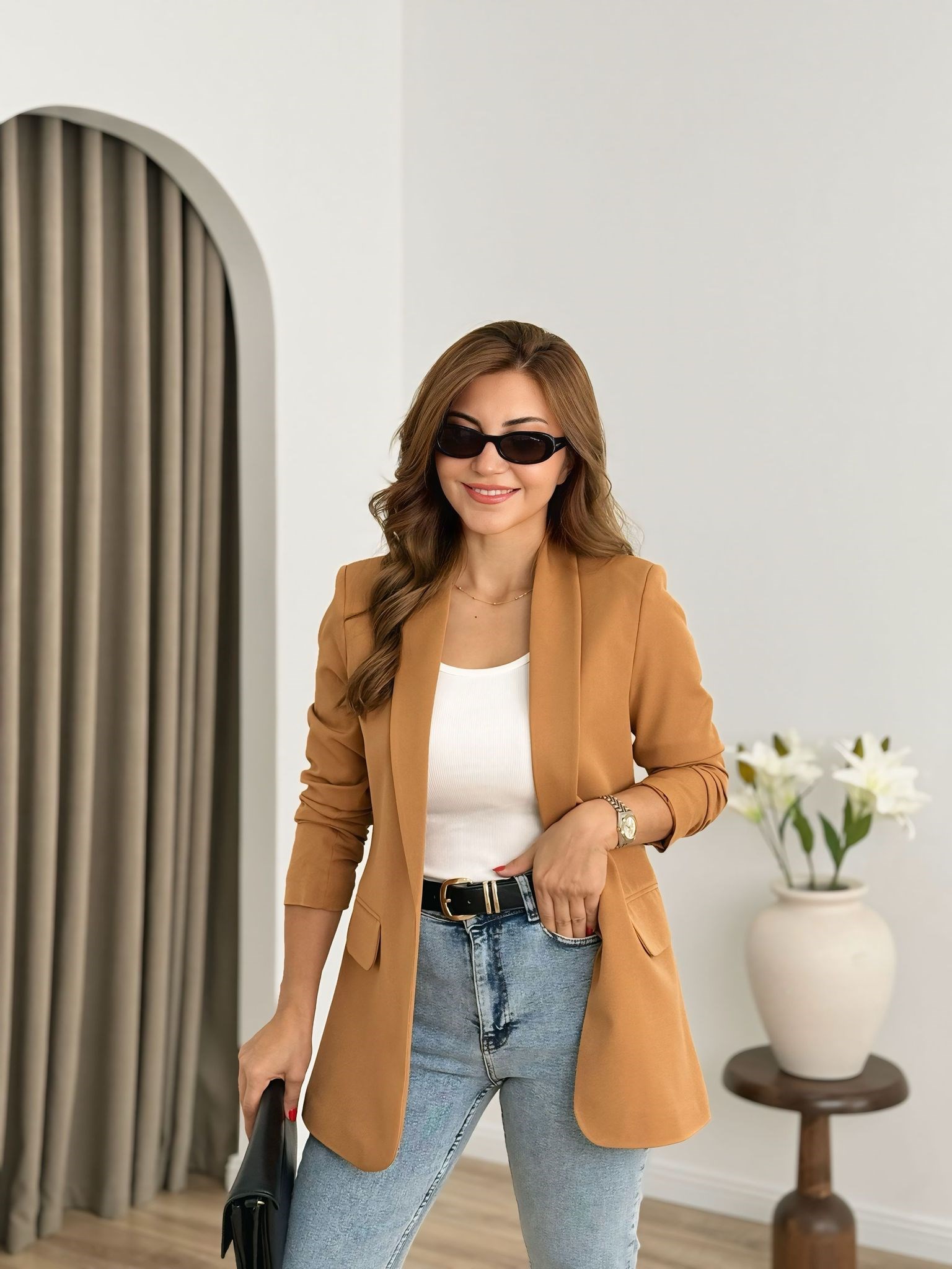 Karamel Kolu Büzgülü Astarlı Blazer Ceket 3103