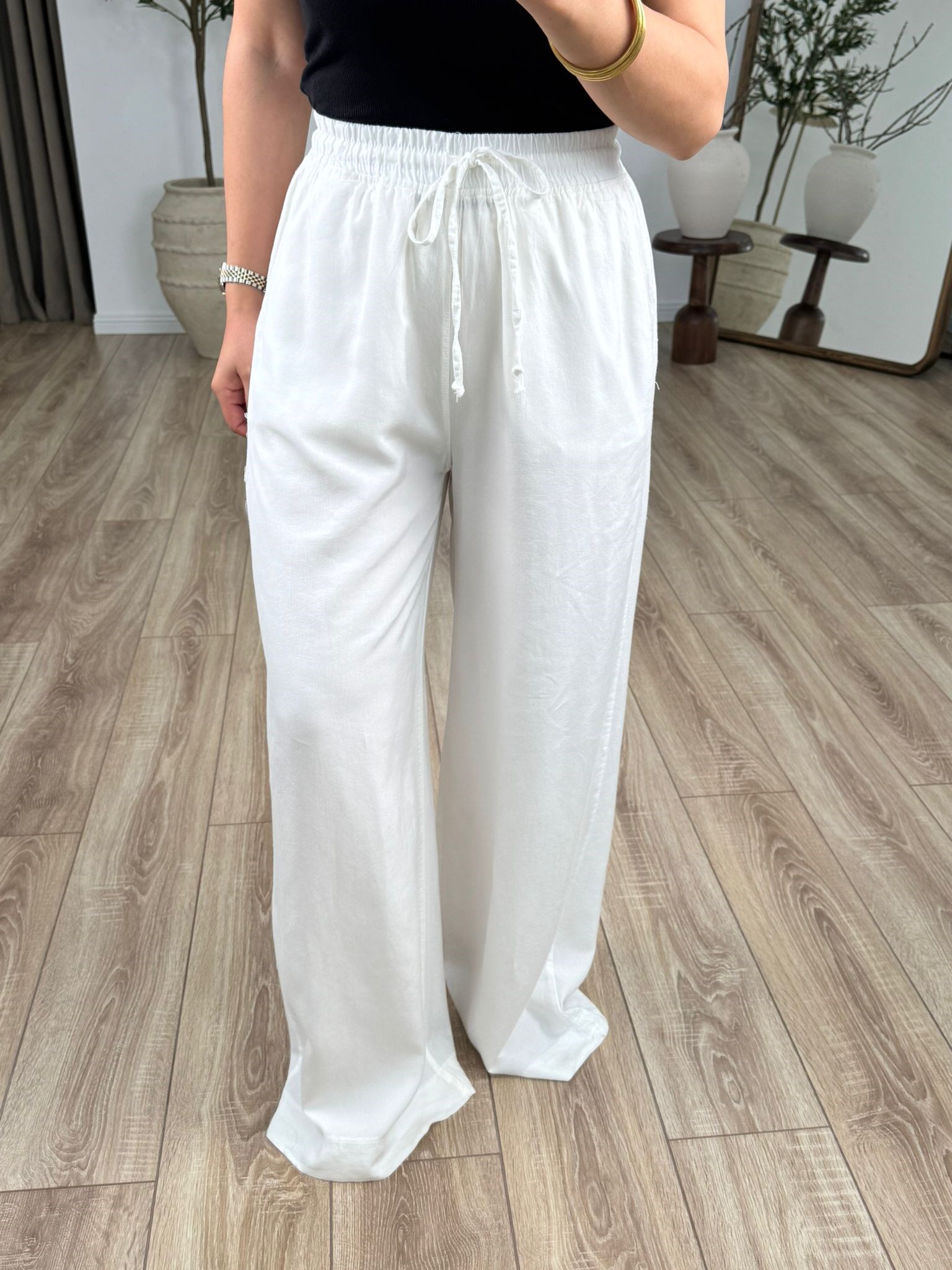 Kırık Beyaz Yüksek Bel Beli Lastikli Keten Pantolon 7256