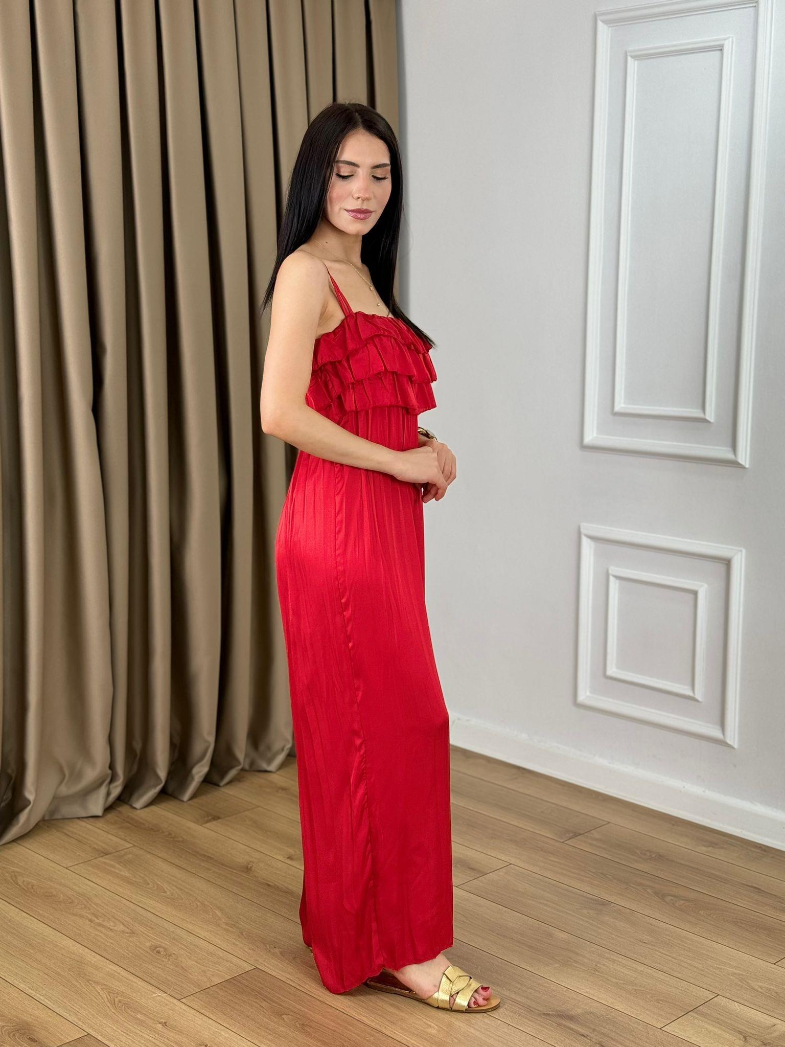 Kırmızı Askılı Kraslı Saten Tulum 6426