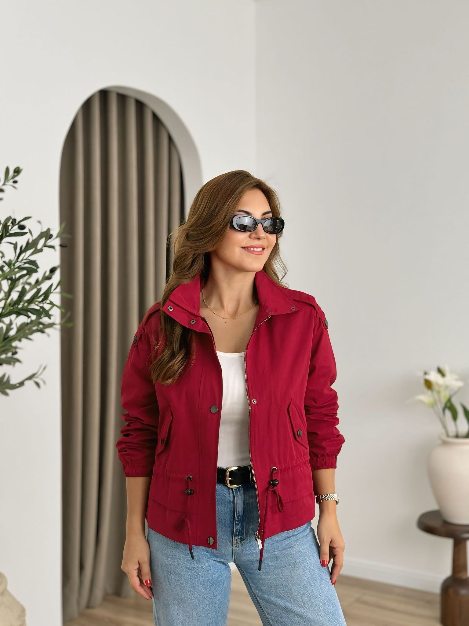 Kırmızı Beli Büzgülü Trenchcoat 6346