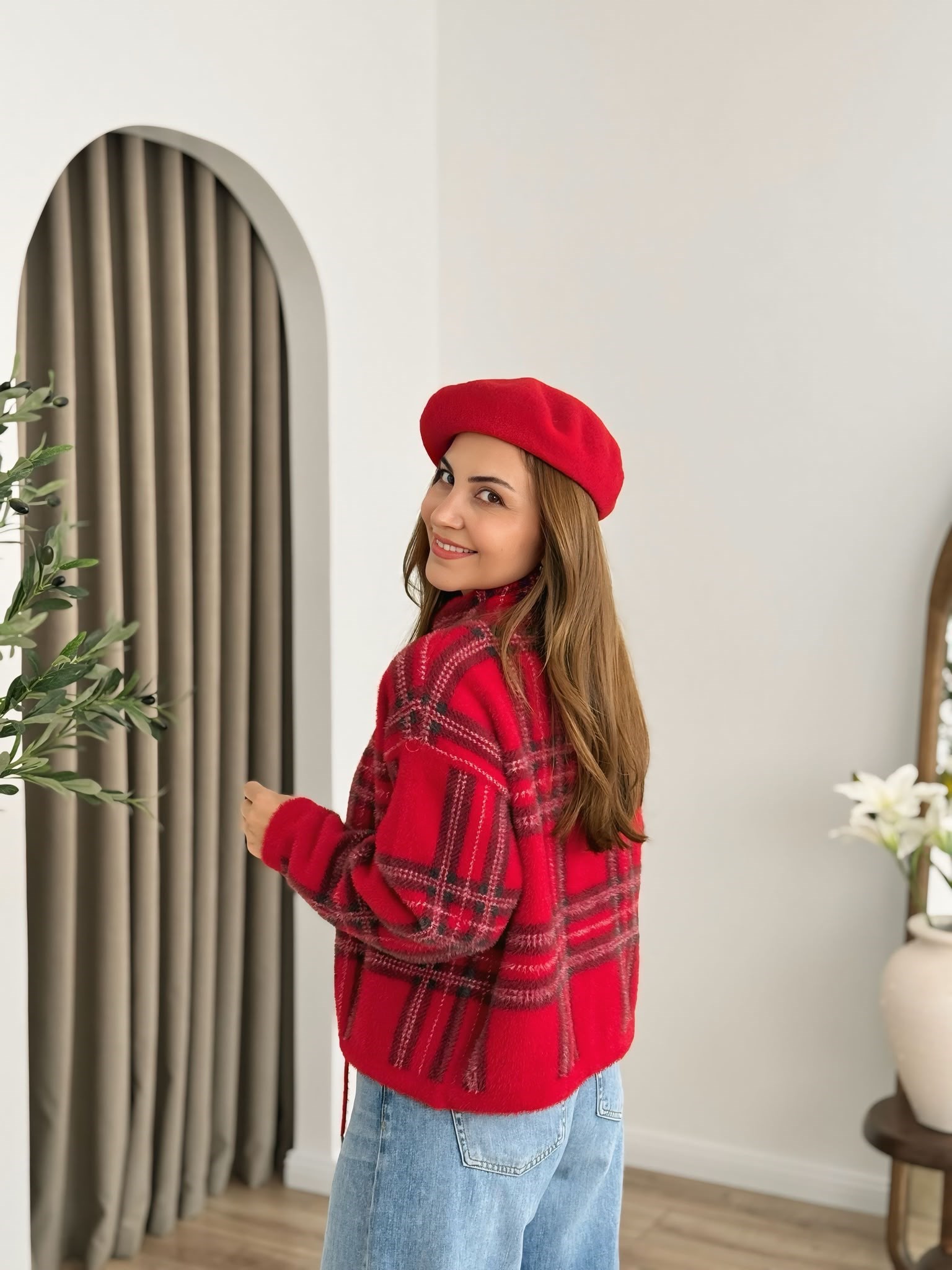 Kırmızı Dik Yaka Premium Kalite Angora Triko Ceket 26439