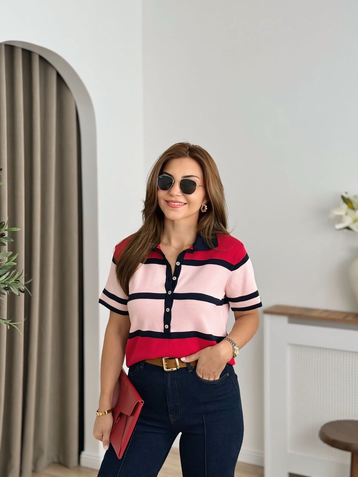 Kırmızı Polo Yaka Düğmeli Triko 5469