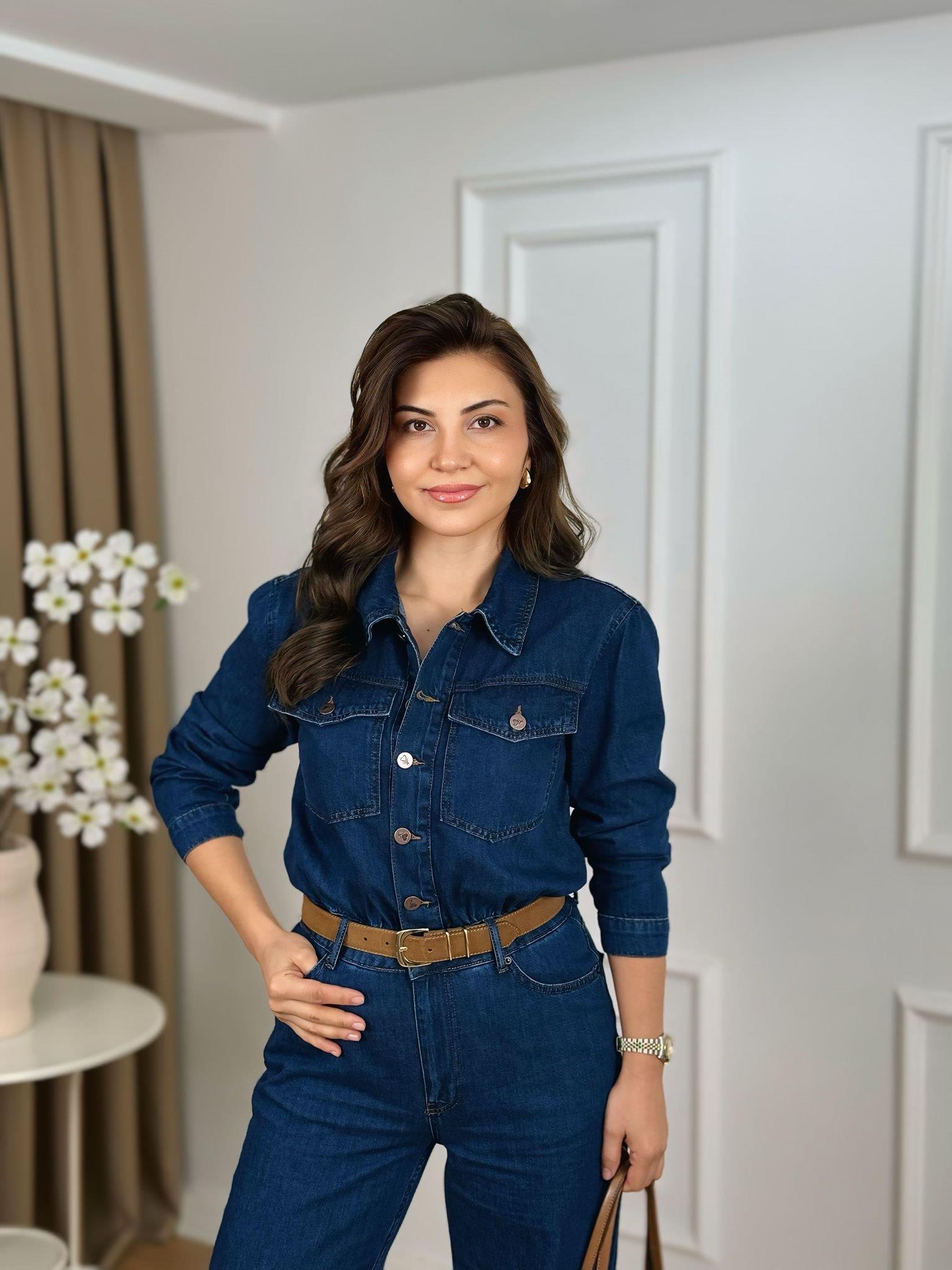 Koyu Mavi Düğmeli Bel Büzgülü Tensel Denim Kumaş Tulum 3038