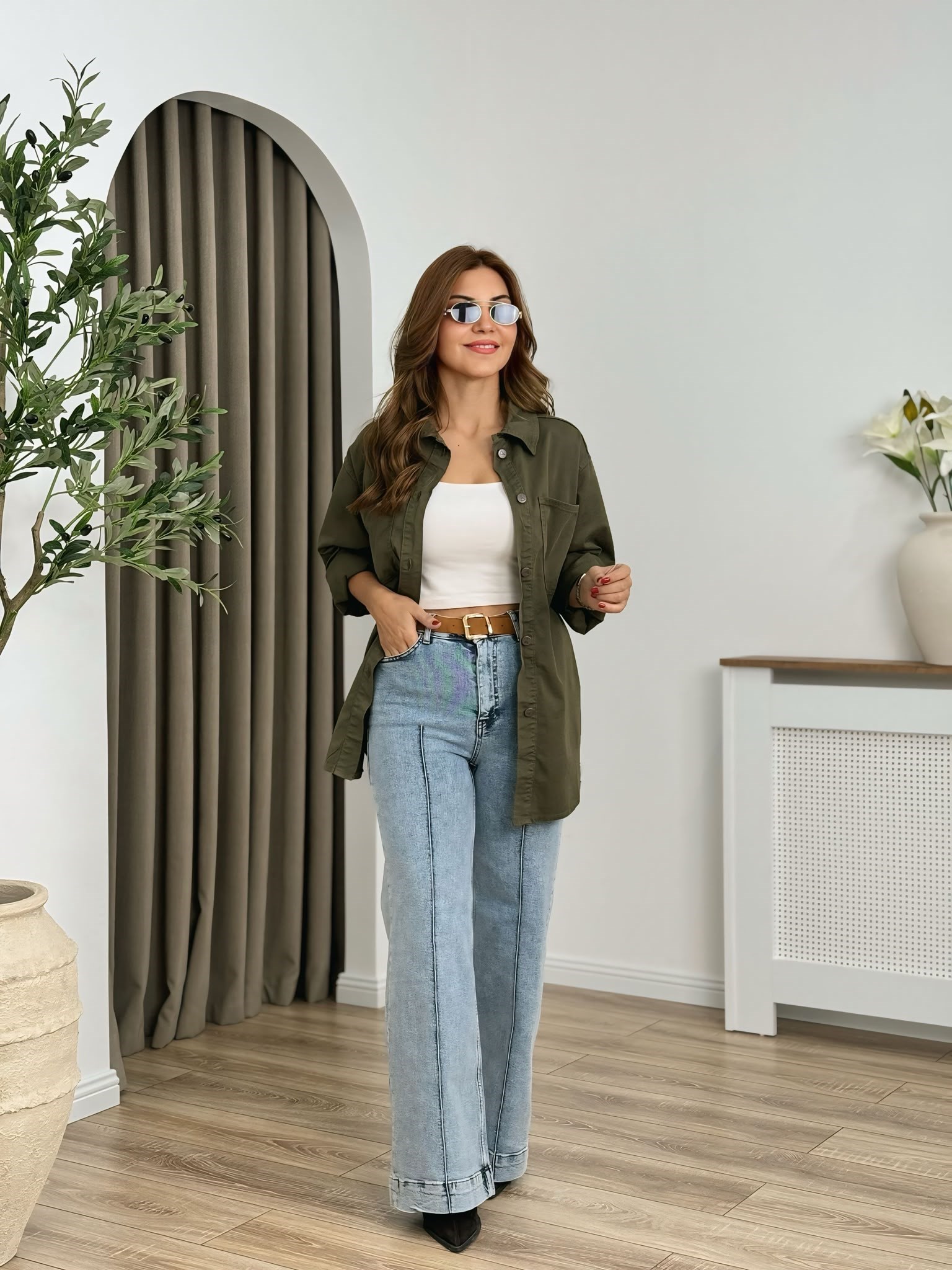 Koyu Yeşil Düğmeli Oversize Gömlek 6082