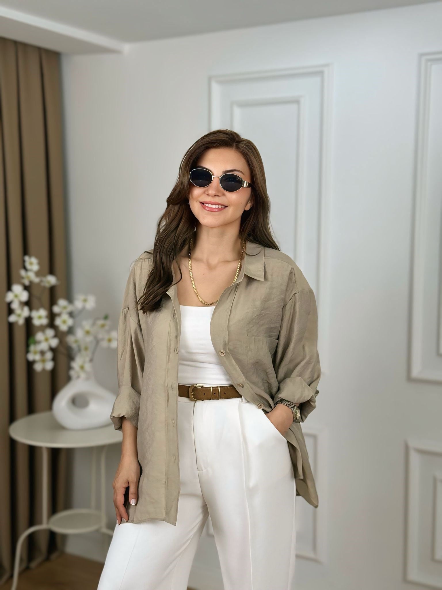 Küf Yeşili Düşük Omuzlu Oversize Gömlek 4612