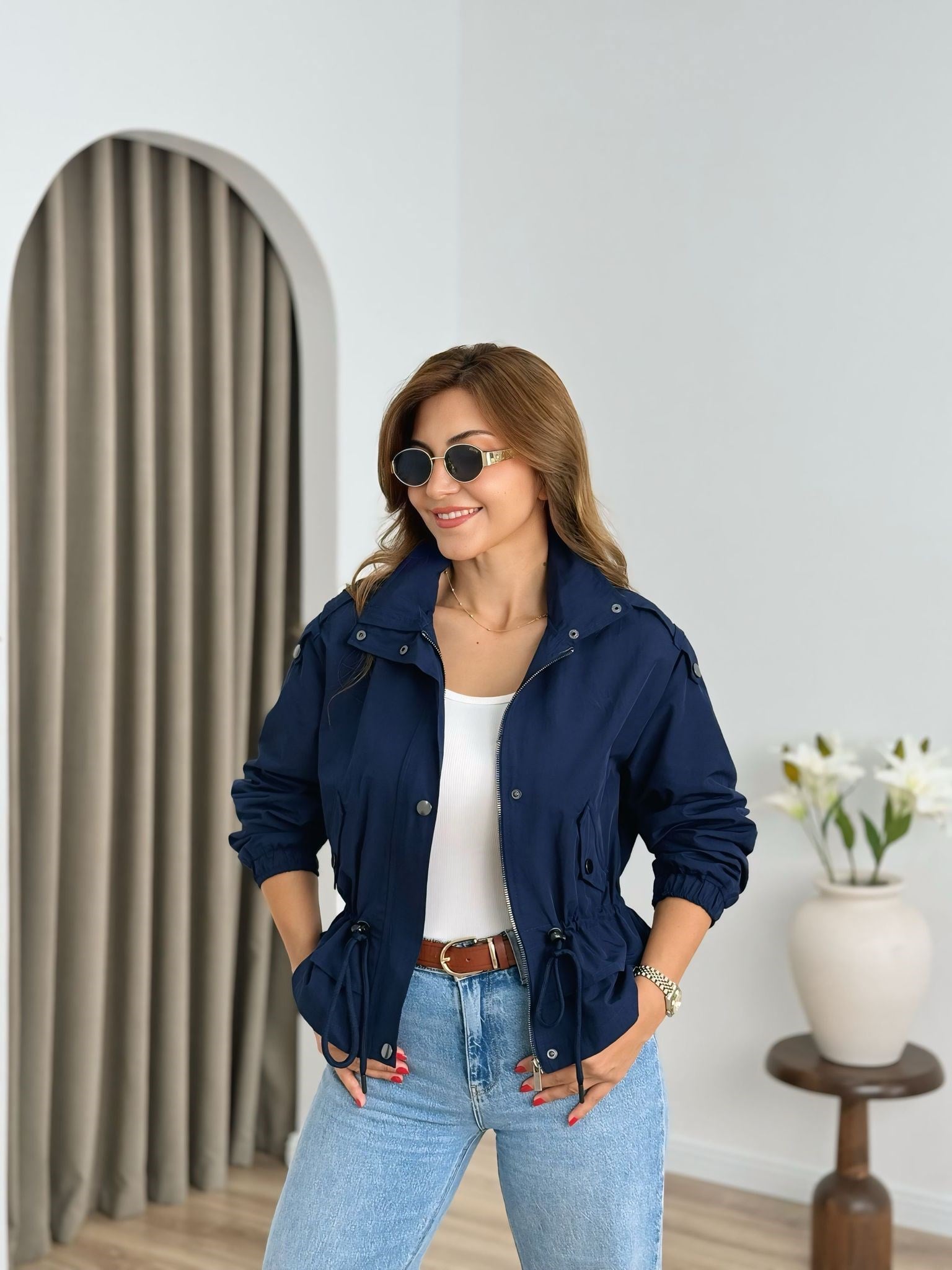 Lacivert Beli Büzgülü Trenchcoat 6346