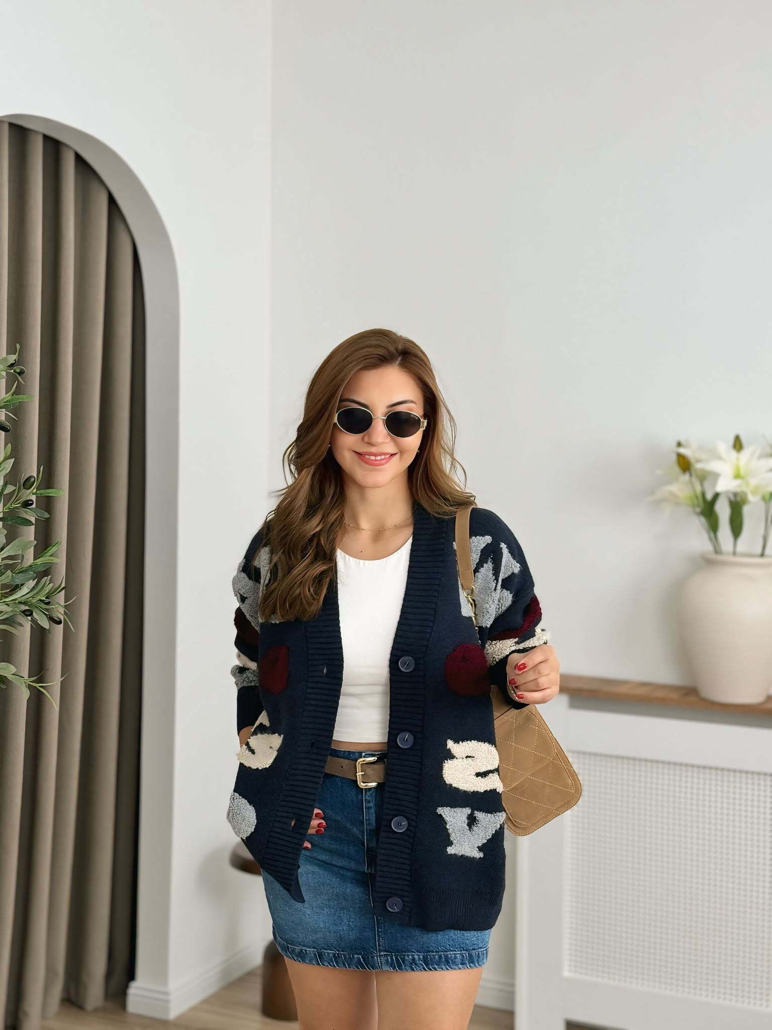 Lacivert Düğmeli Premium Kalite Kabartmalı Oversize Hırka 24824