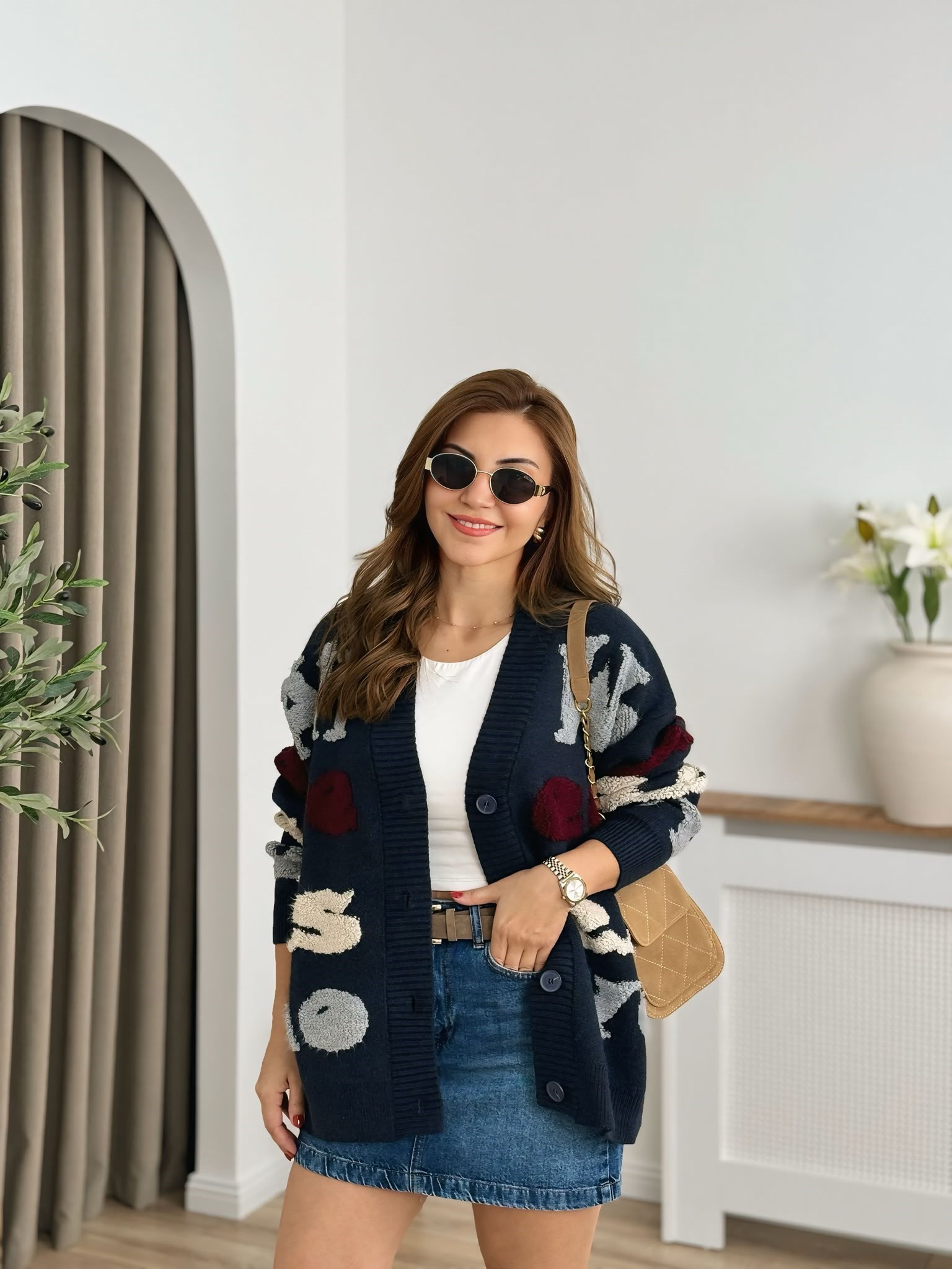 Lacivert Düğmeli Premium Kalite Kabartmalı Oversize Hırka 24824