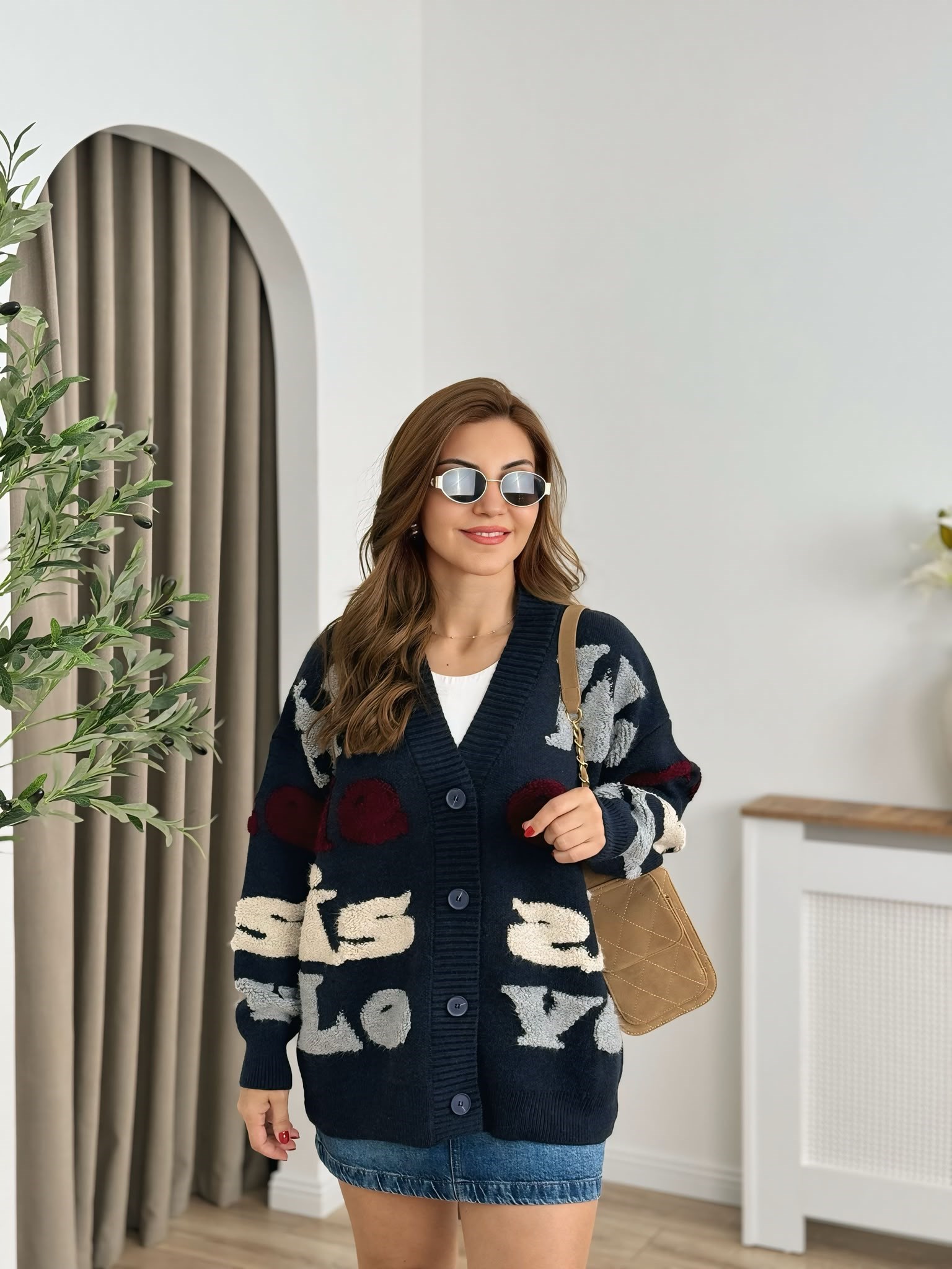Lacivert Düğmeli Premium Kalite Kabartmalı Oversize Hırka 24824