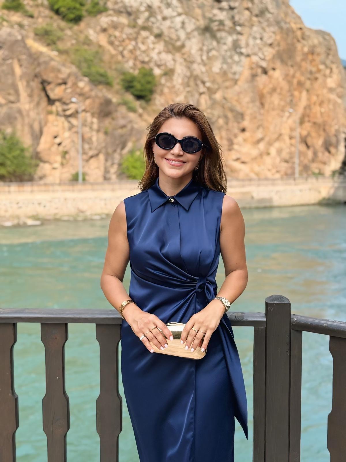 Lacivert Kruvaze Yaka Yandan Fermuarlı Pamuk Saten Ceket Elbise 5249