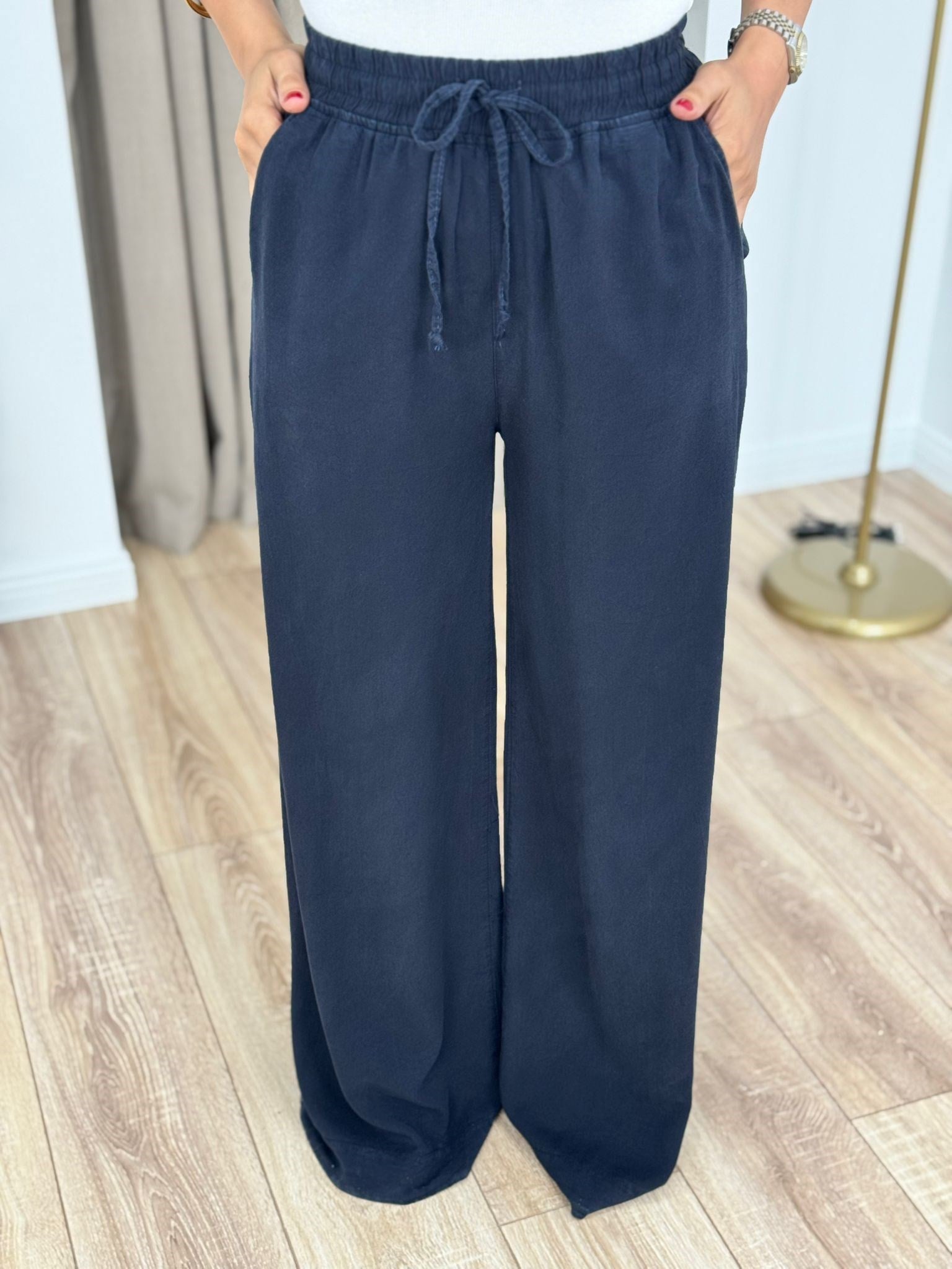 Lacivert Yüksek Bel Beli Lastikli Keten Pantolon 7256