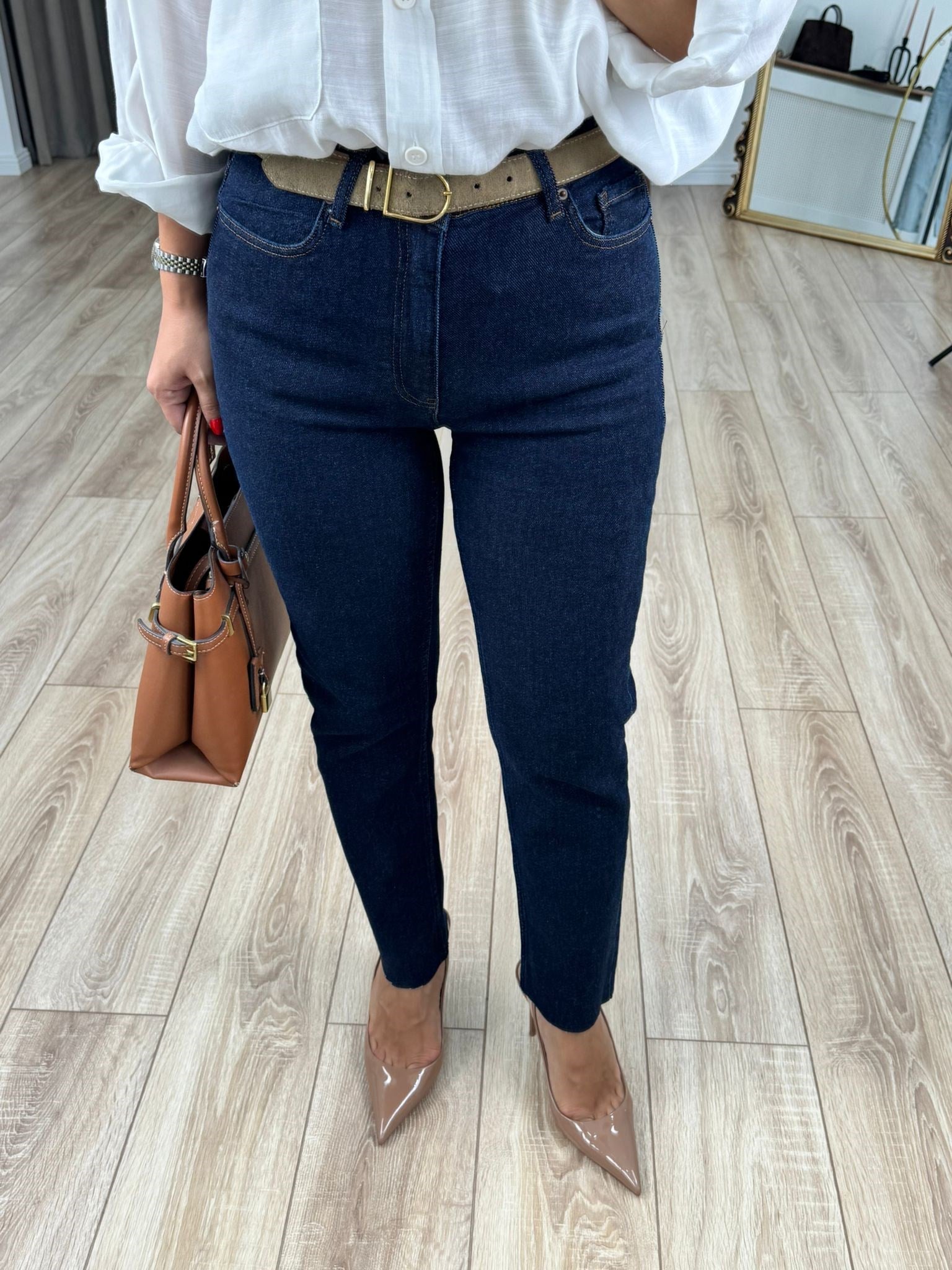 Lacivert Yüksek Bel Likralı Toparlayıcı Paçası Kesik Fit Mom Jean 764