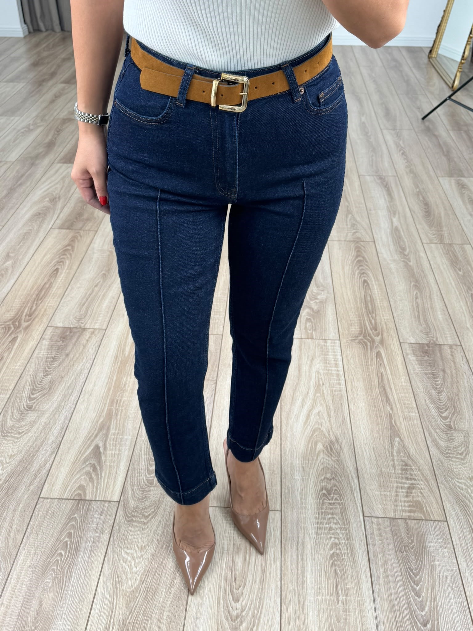 Lacivert Yüksel Bel Full Likralı Çımalı Fit Mom Jean 7194