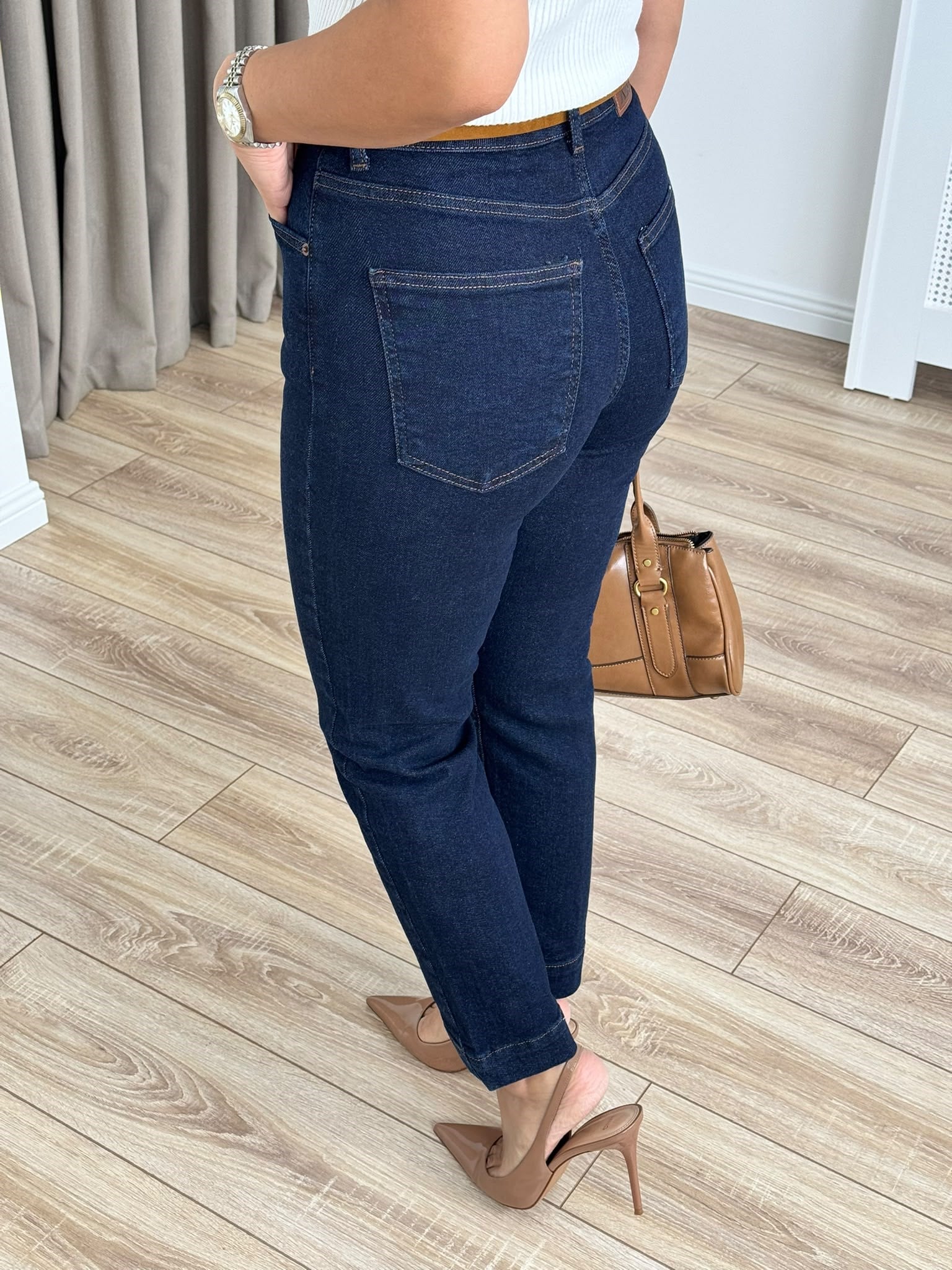 Lacivert Yüksel Bel Full Likralı Çımalı Fit Mom Jean 7194