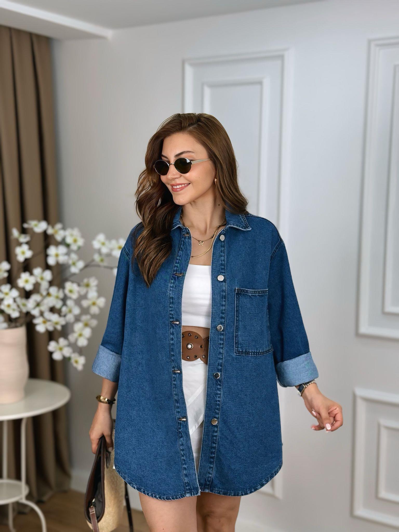 Mavi Tek Cep Düğmeli Oversize Jean Ceket 6080