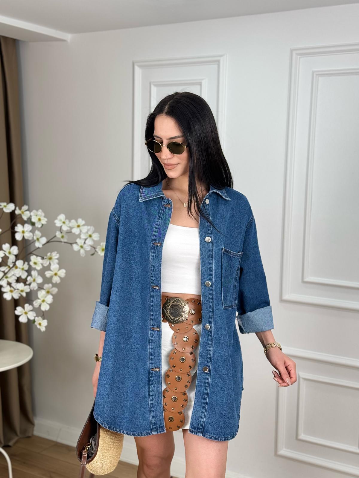 Mavi Tek Cep Düğmeli Oversize Jean Ceket 6080