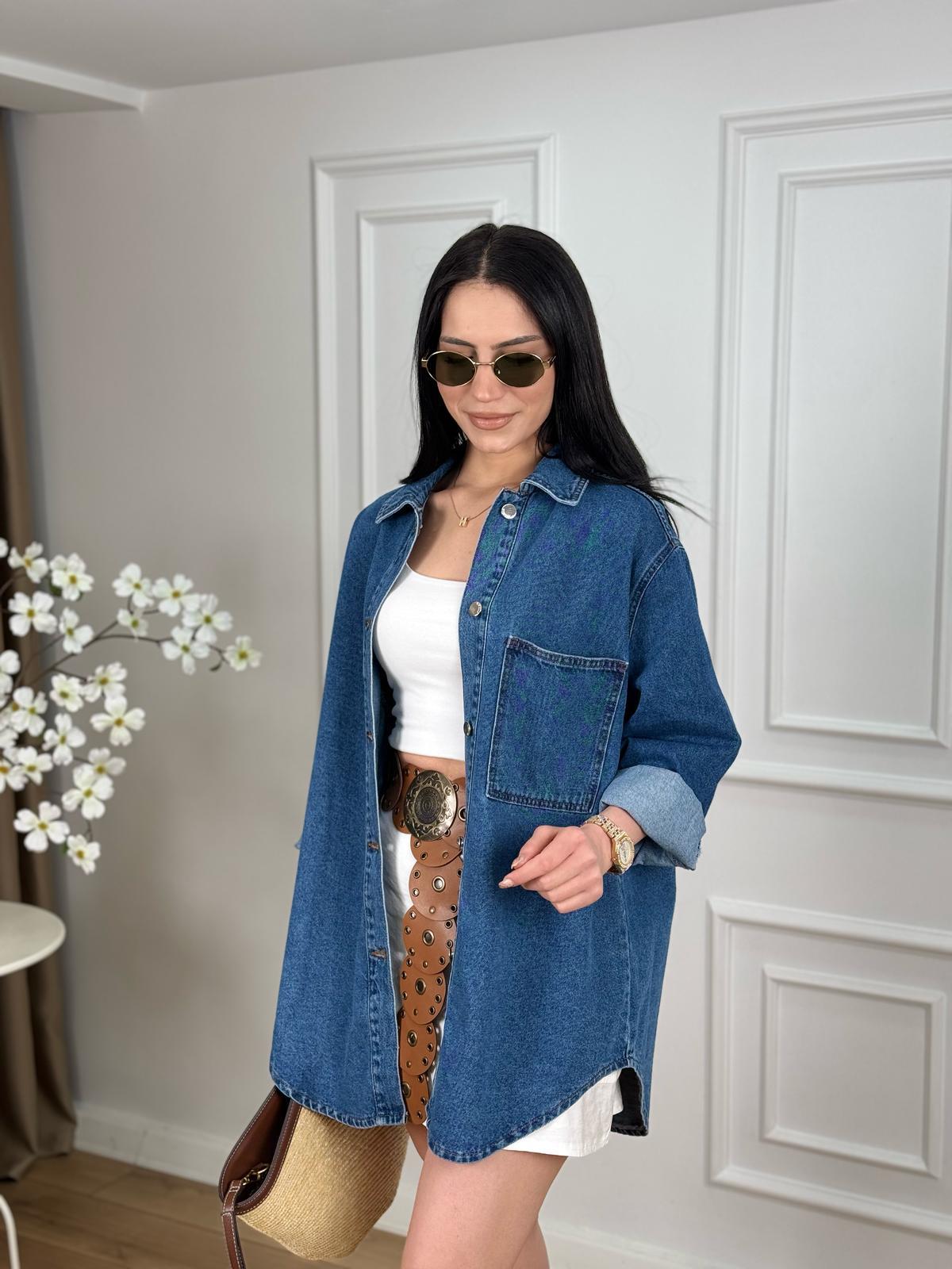 Mavi Tek Cep Düğmeli Oversize Jean Ceket 6080